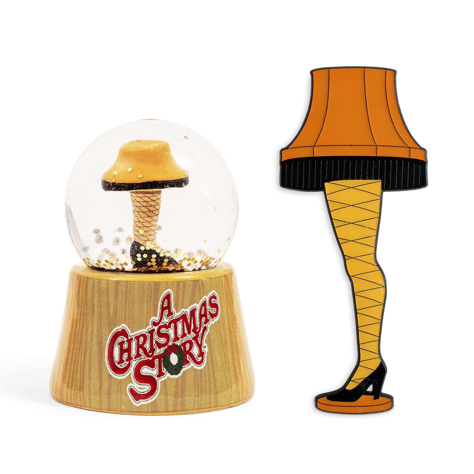A Christmas Story Leg Lamp 3-Inch Mini Snow Globe and Enamel Pin Set