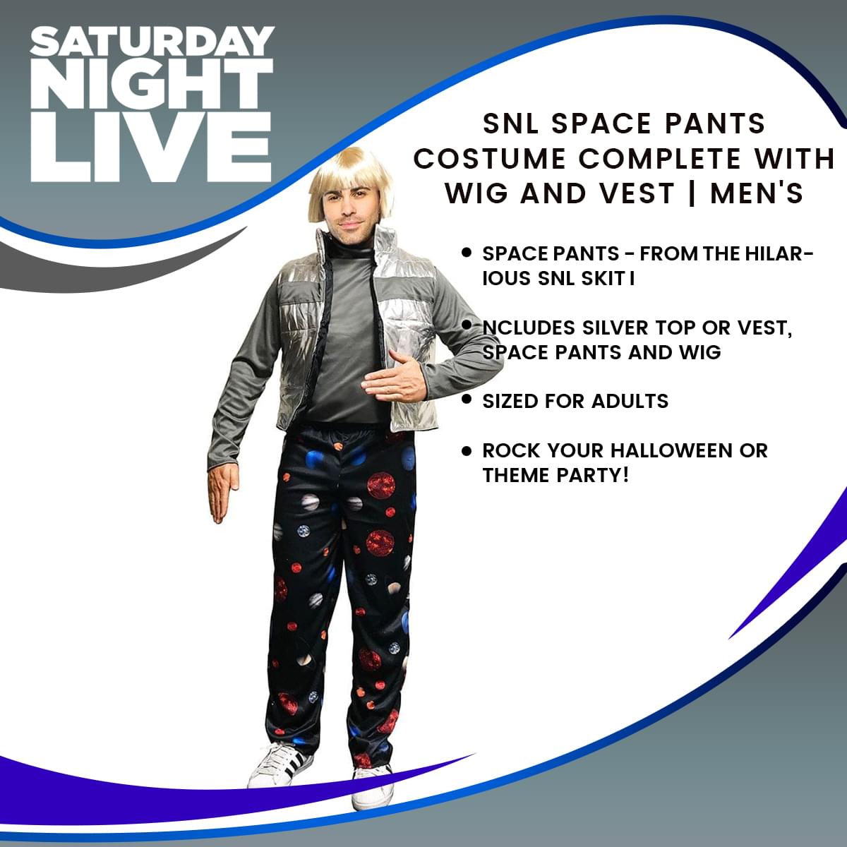 SNL Space Pants Costume Complete with Wig and Vest | Men's