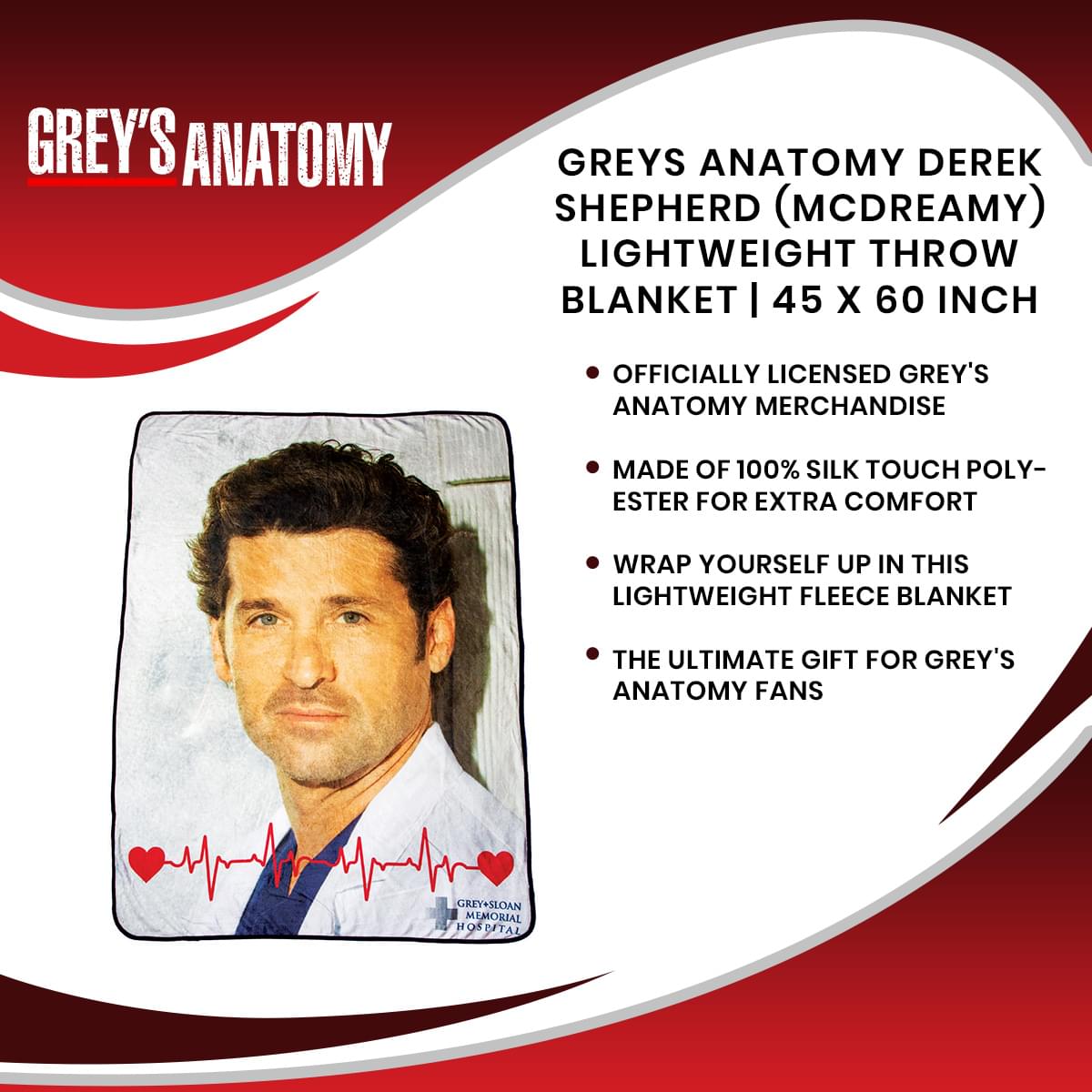Greys Anatomy Derek Shepherd (McDreamy) Lightweight Throw Blanket | 45 x 60 Inch