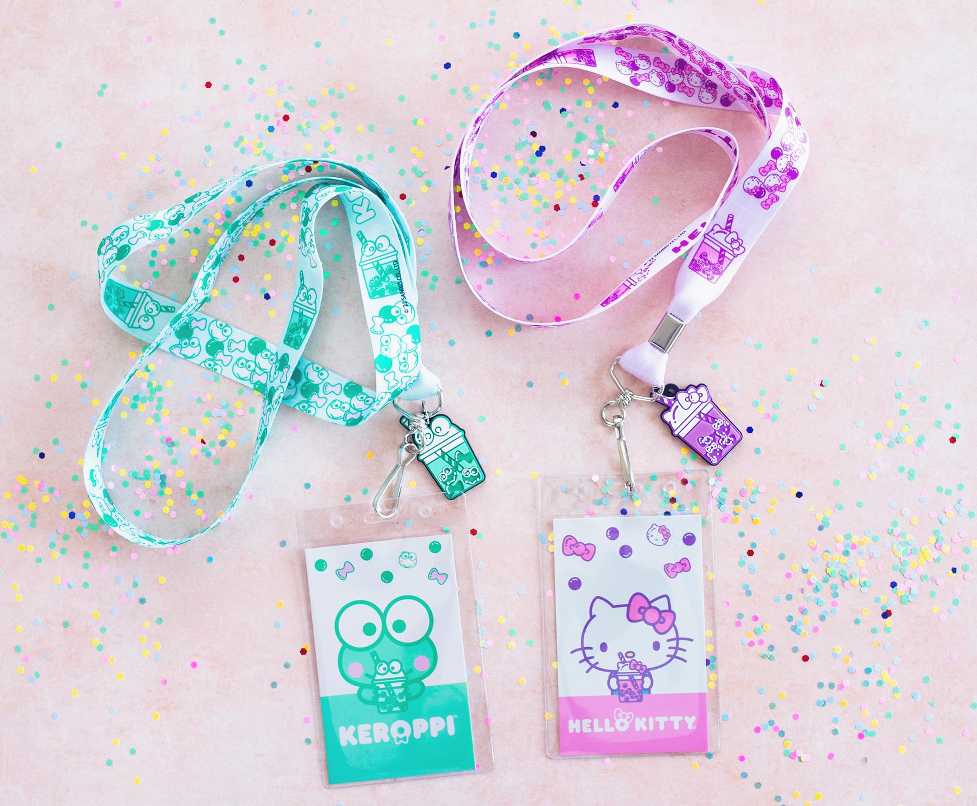 Sanrio Hello Kitty and Keroppi Boba Tea Lanyards With Badge Holders | Set of 2