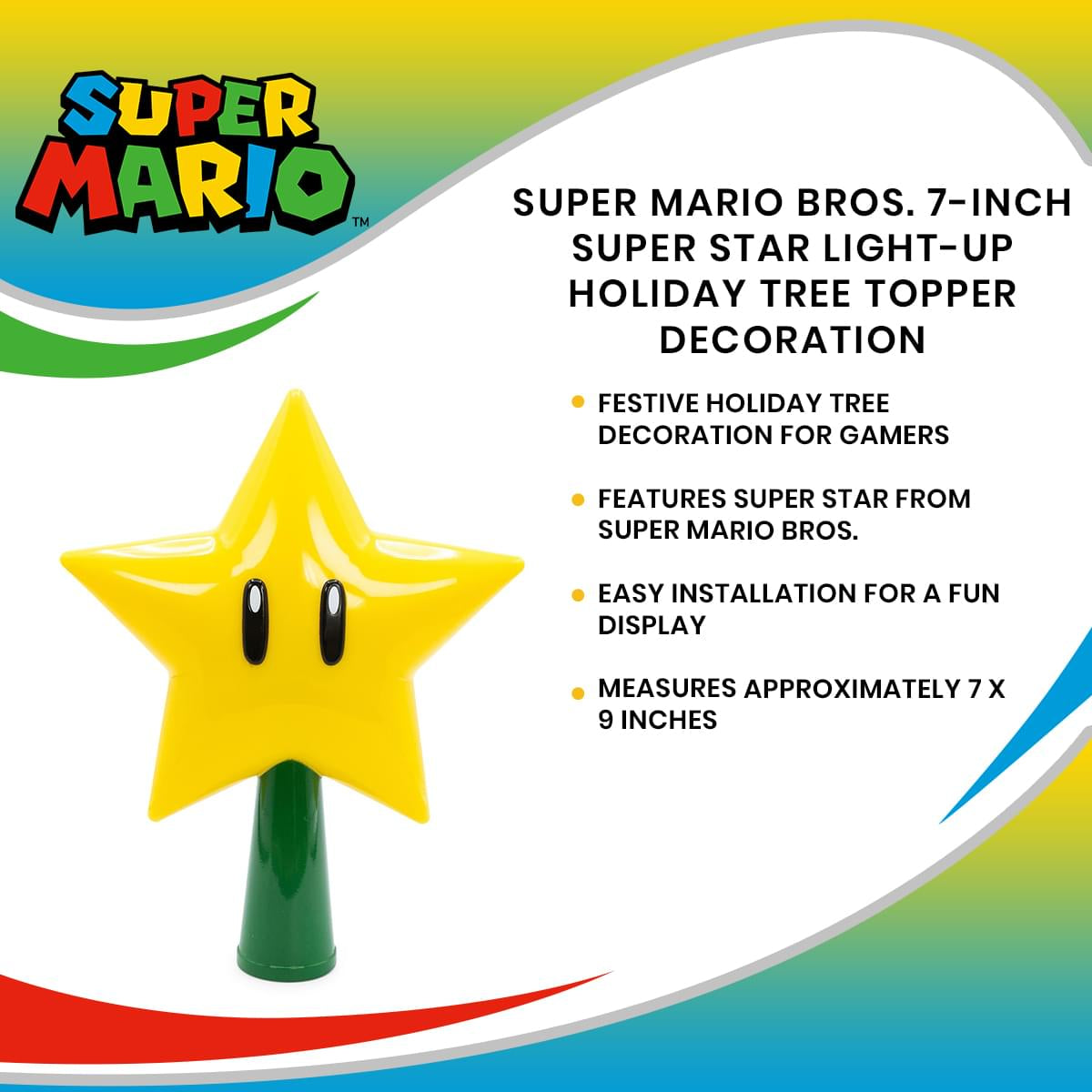 Super Mario Bros. 7-Inch Super Star Light-Up Holiday Tree Topper Decoration