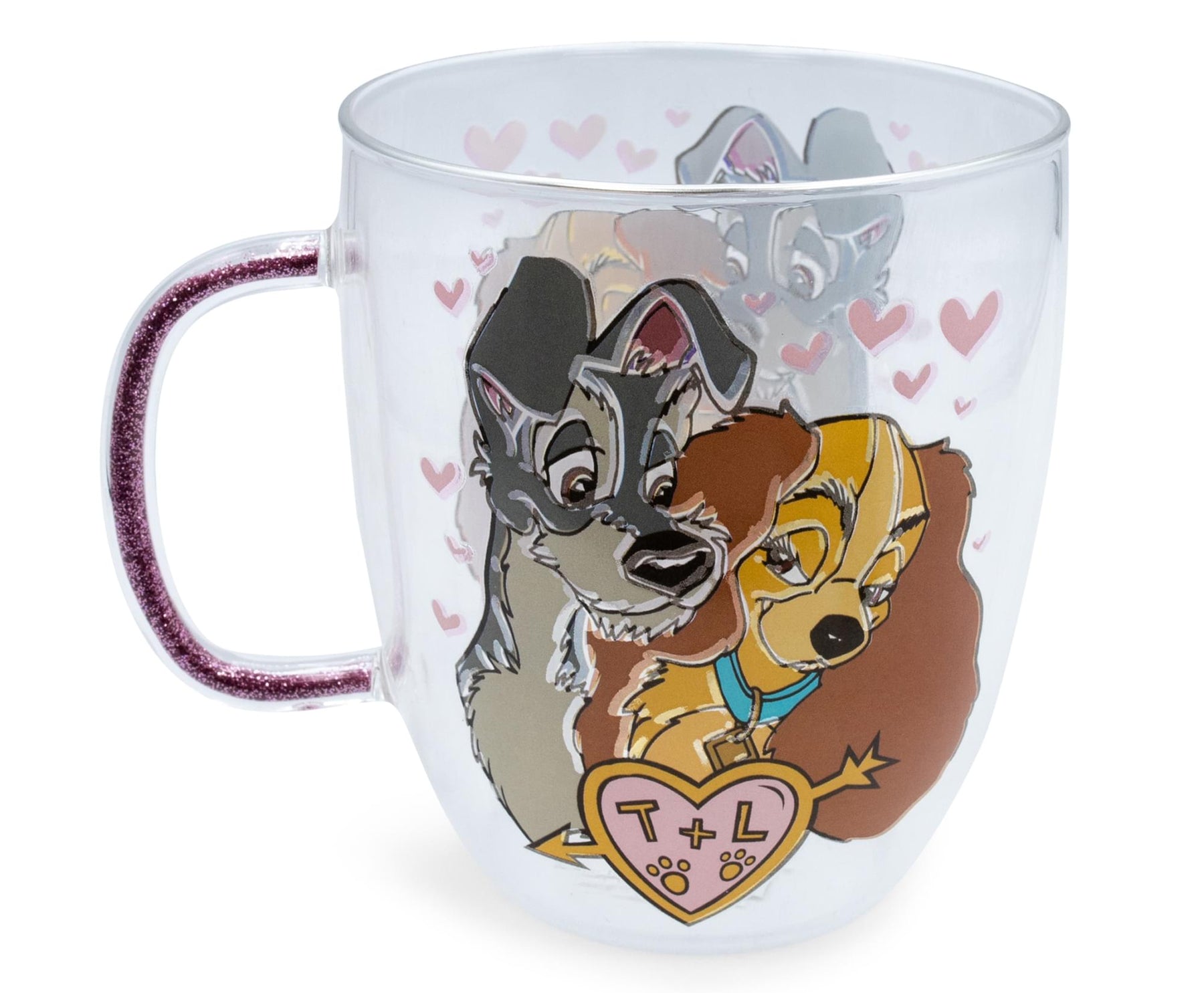 Disney Lady and the Tramp Glitter Handle Glass Mug | Holds 14 Ounces