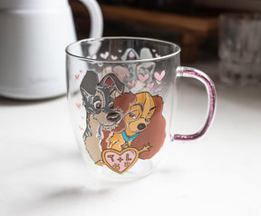 Disney Lady and the Tramp Glitter Handle Glass Mug | Holds 14 Ounces
