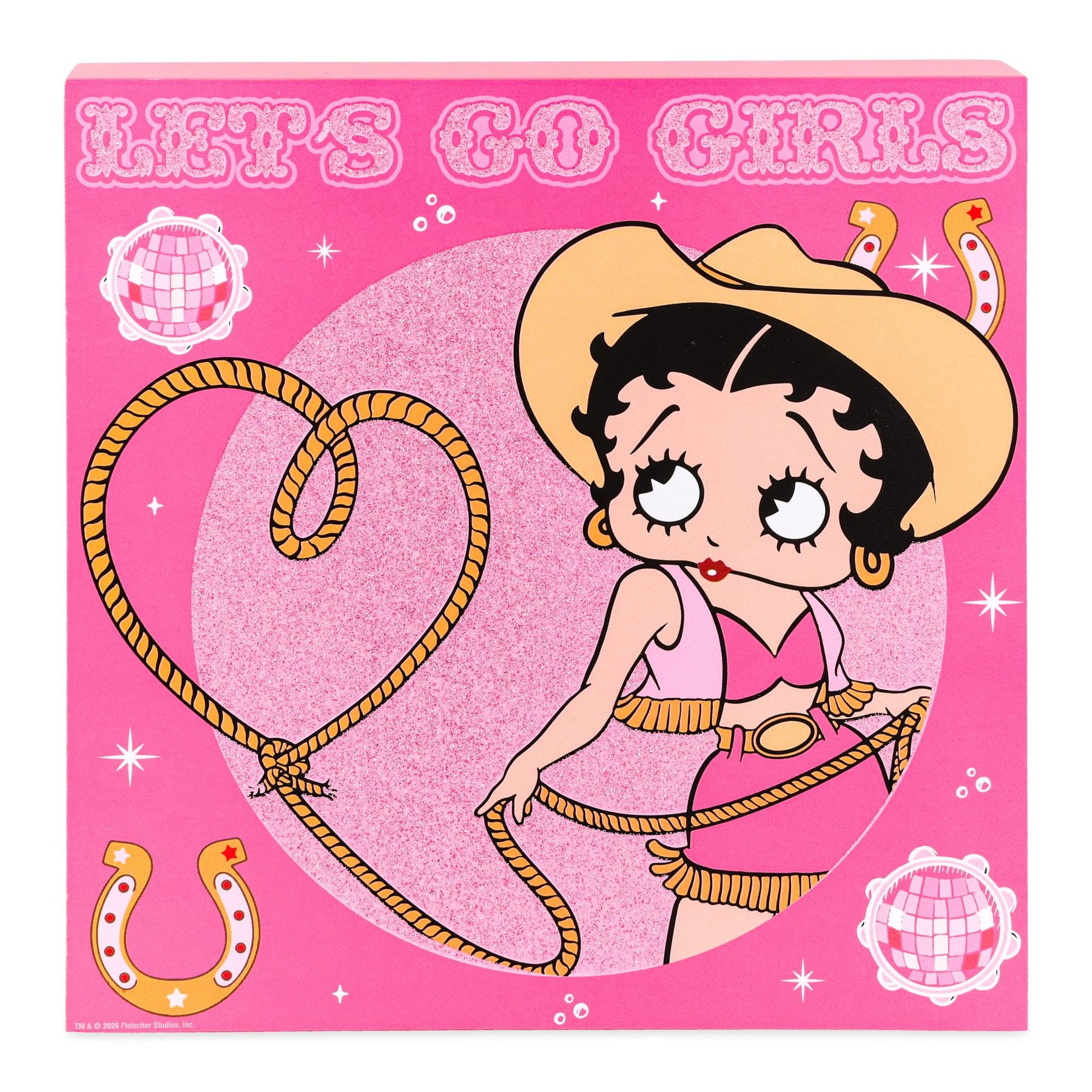 Betty Boop Cowgirl "Let's Go Girls" Glitter Wooden Box Sign | 6 x 6 Inches