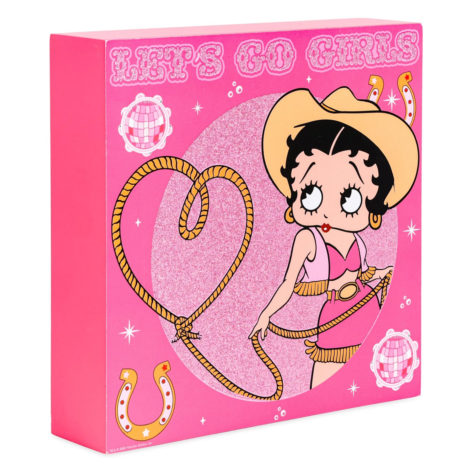 Betty Boop Cowgirl "Let's Go Girls" Glitter Wooden Box Sign | 6 x 6 Inches
