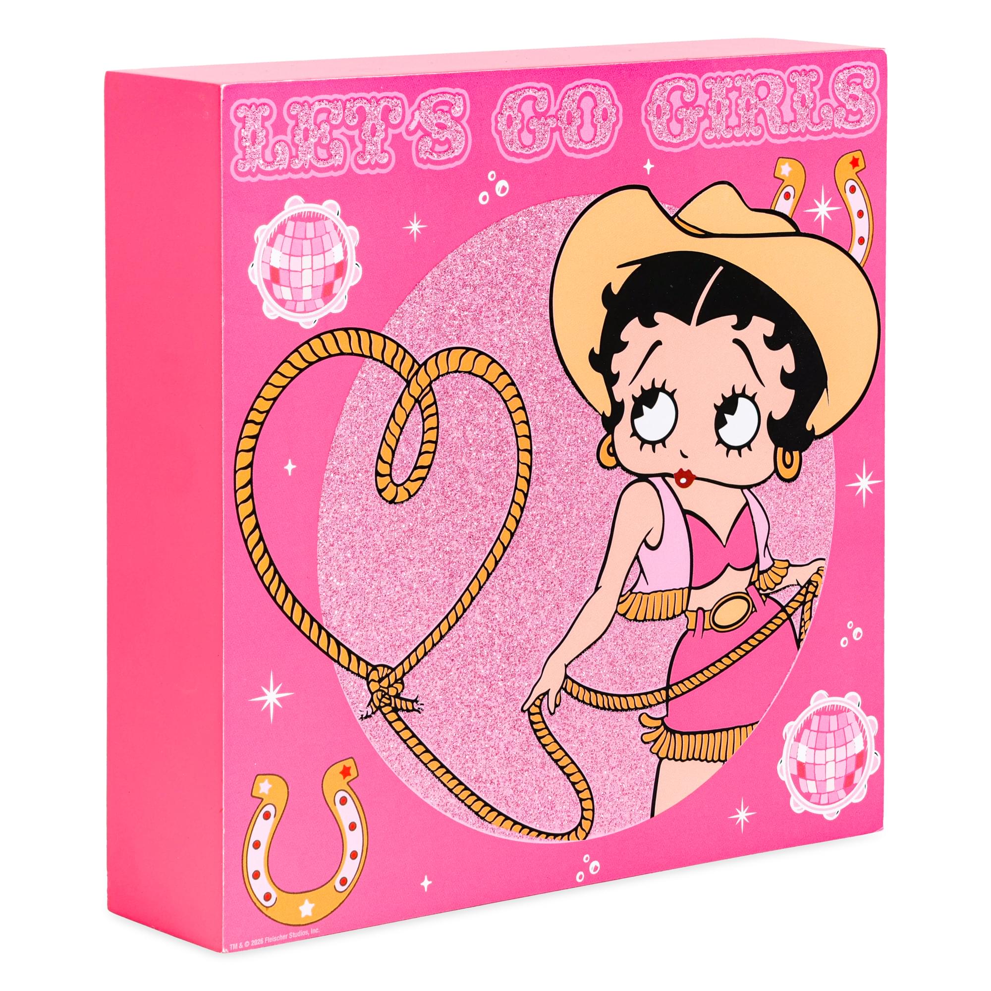 Betty Boop Cowgirl "Let's Go Girls" Glitter Wooden Box Sign | 6 x 6 Inches