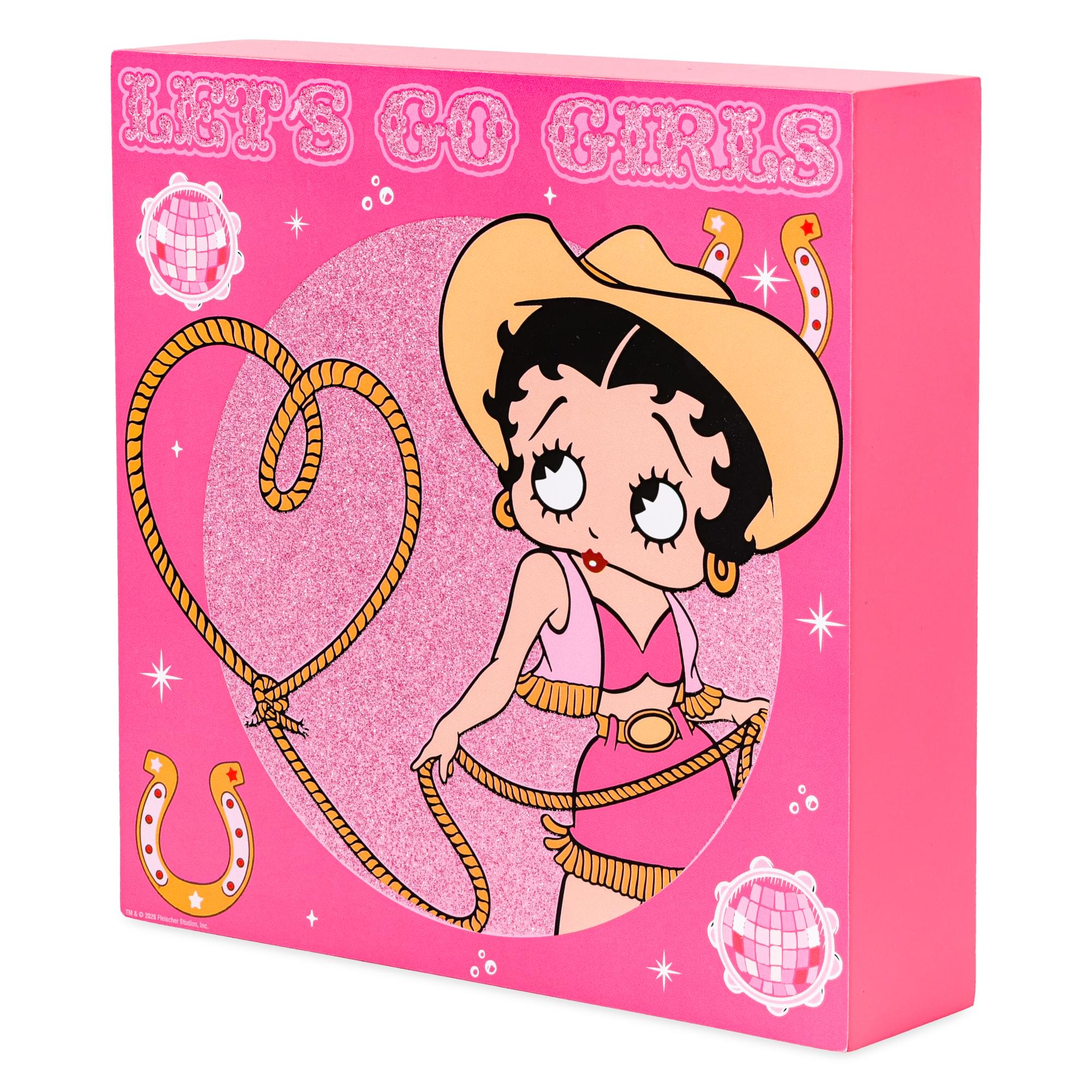 Betty Boop Cowgirl "Let's Go Girls" Glitter Wooden Box Sign | 6 x 6 Inches