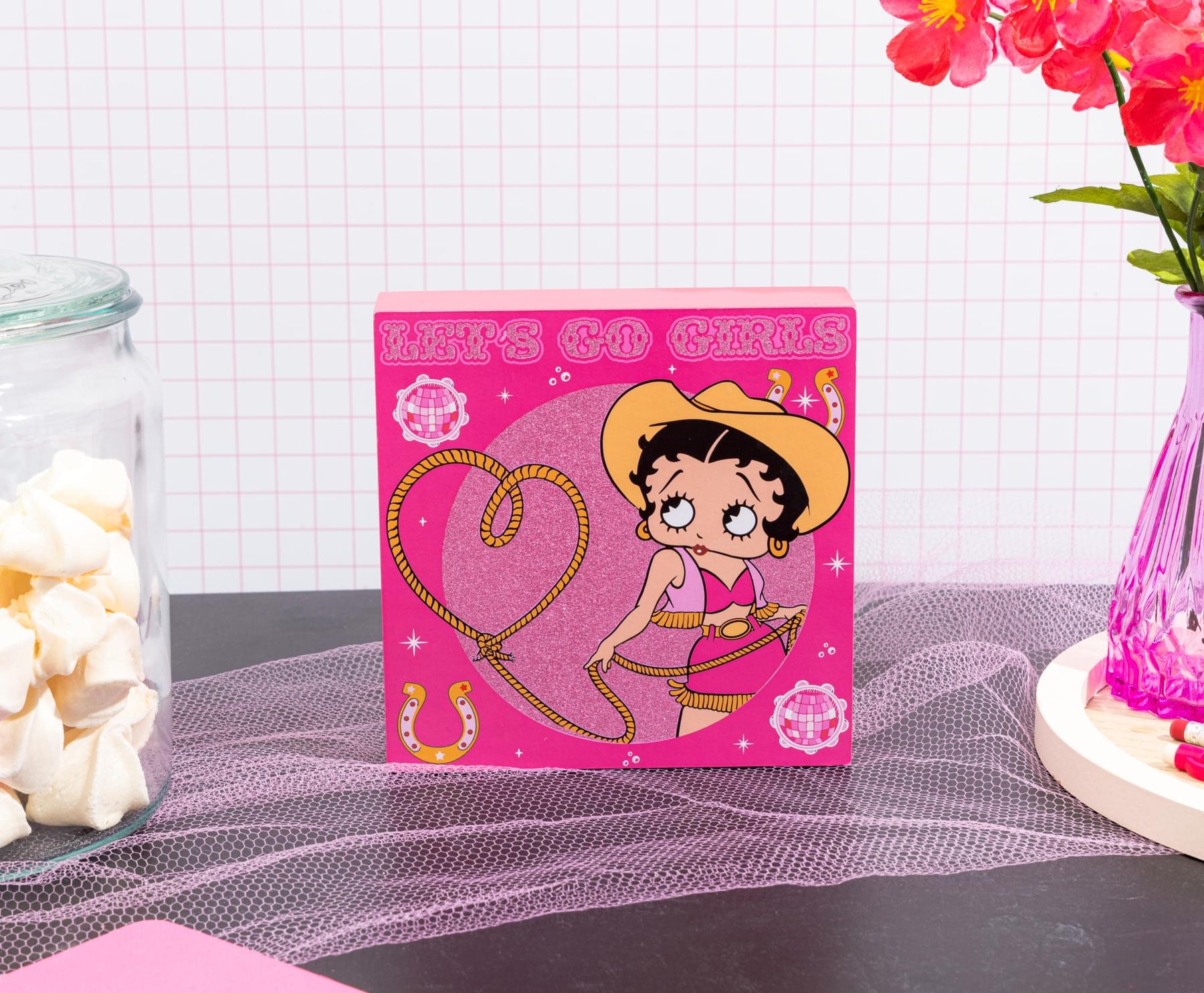 Betty Boop Cowgirl "Let's Go Girls" Glitter Wooden Box Sign | 6 x 6 Inches
