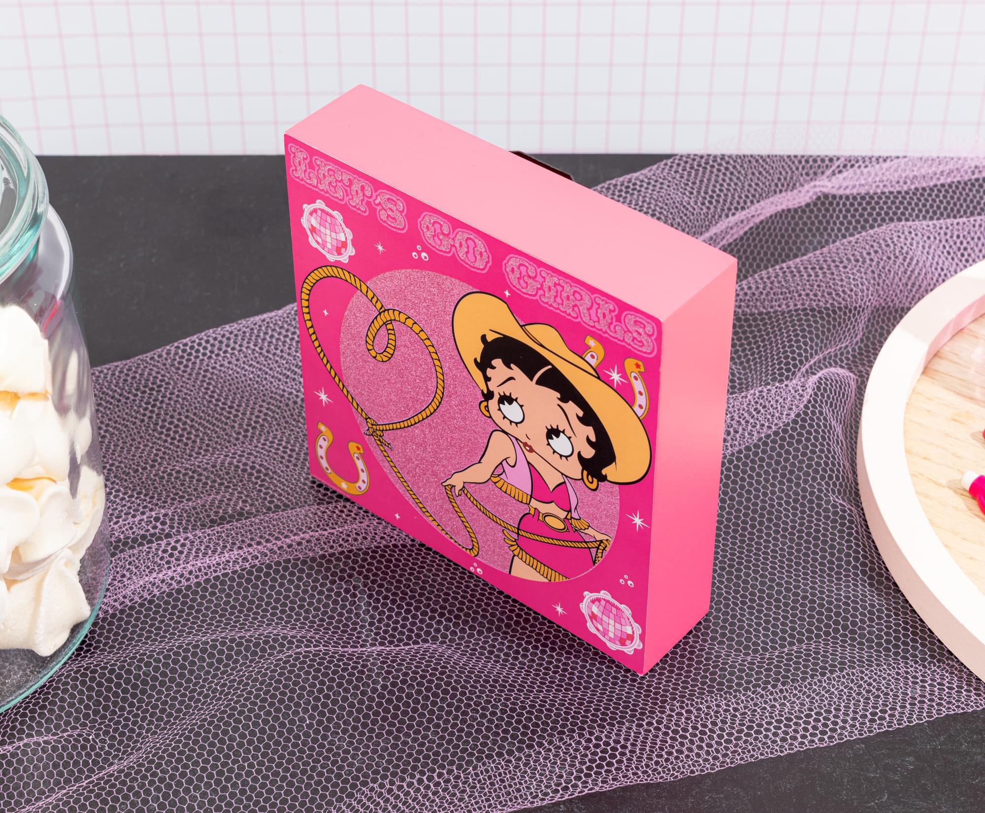 Betty Boop Cowgirl "Let's Go Girls" Glitter Wooden Box Sign | 6 x 6 Inches