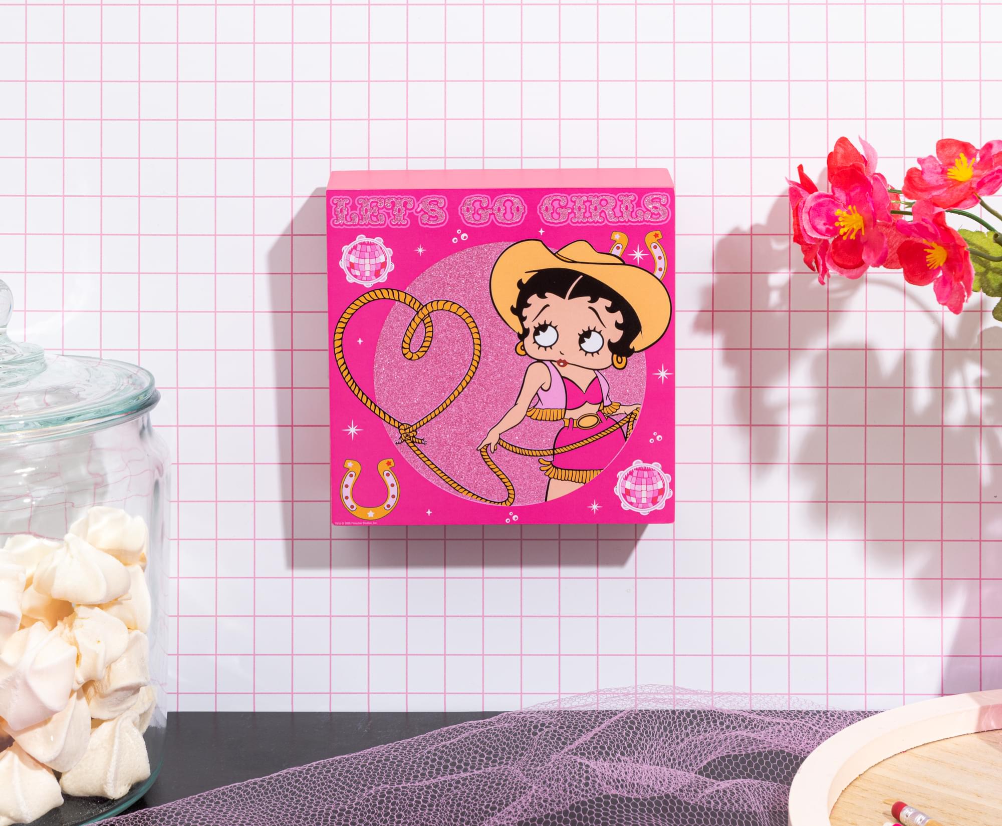 Betty Boop Cowgirl "Let's Go Girls" Glitter Wooden Box Sign | 6 x 6 Inches