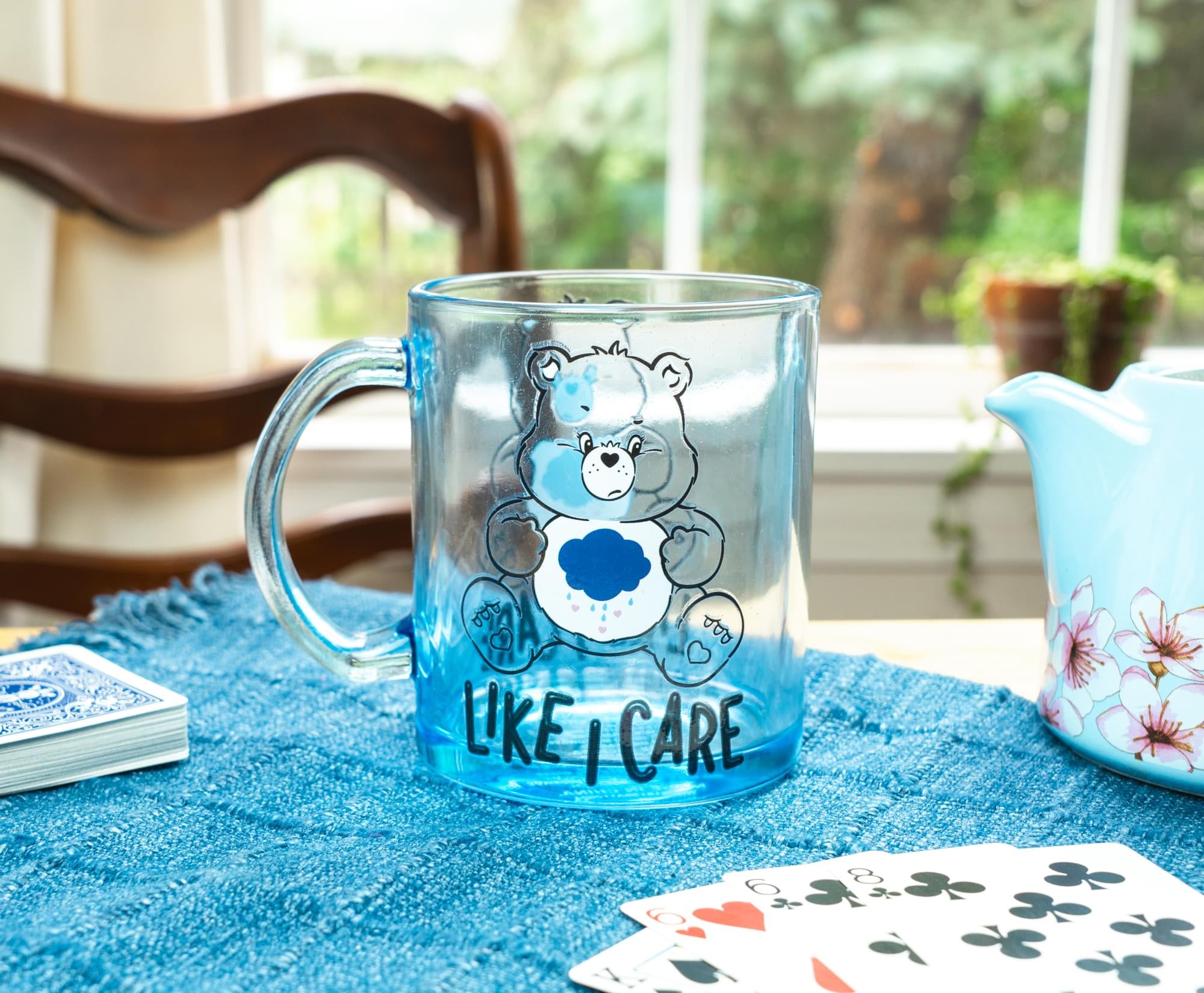 Care Bears Grumpy Bear "Like I Care" Glass Coffee Mug | Holds 18 Ounces