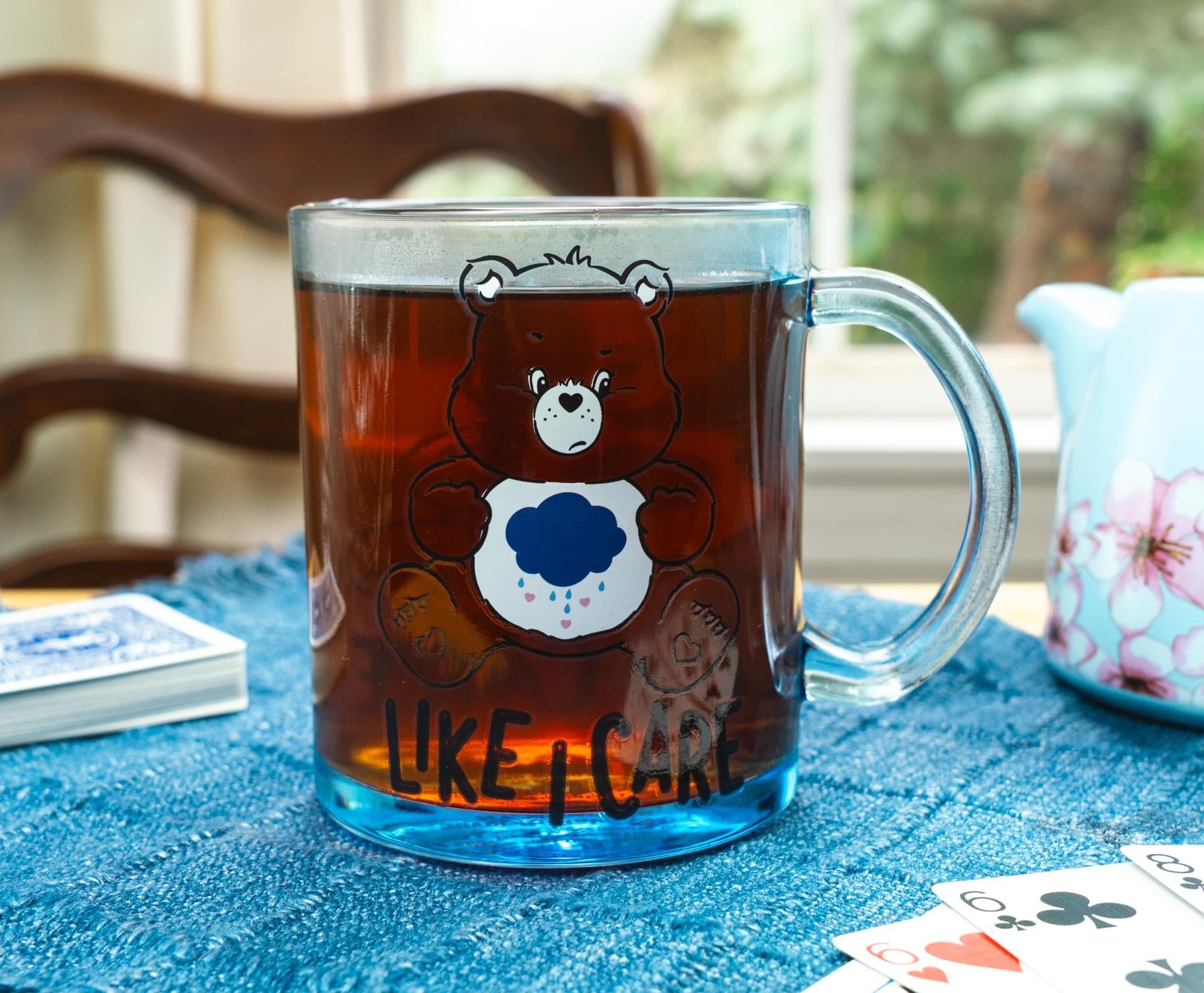 Care Bears Grumpy Bear "Like I Care" Glass Coffee Mug | Holds 18 Ounces
