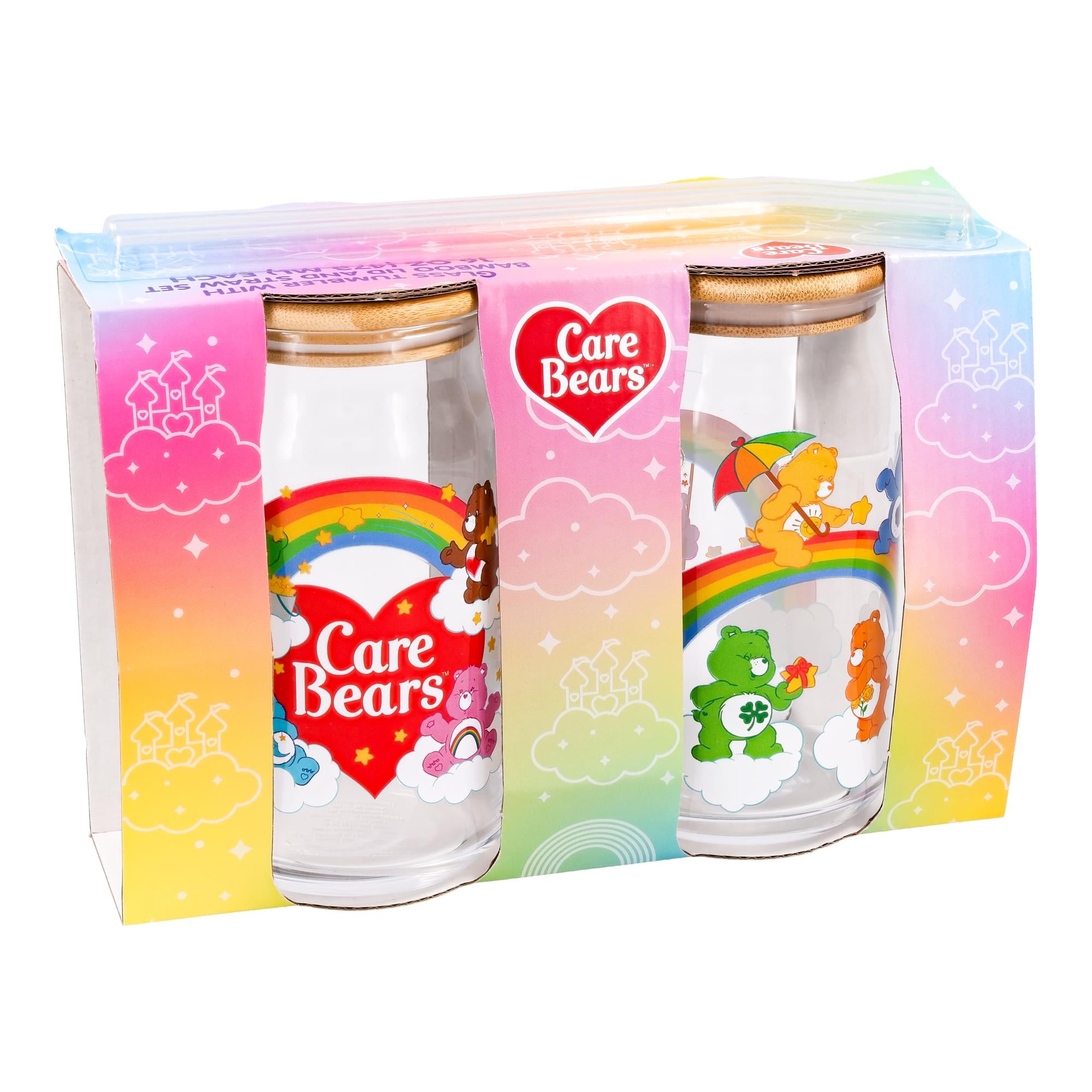 Care Bears Classic 16-Ounce Glass Tumblers With Bamboo Lid and Straw | Set of 2