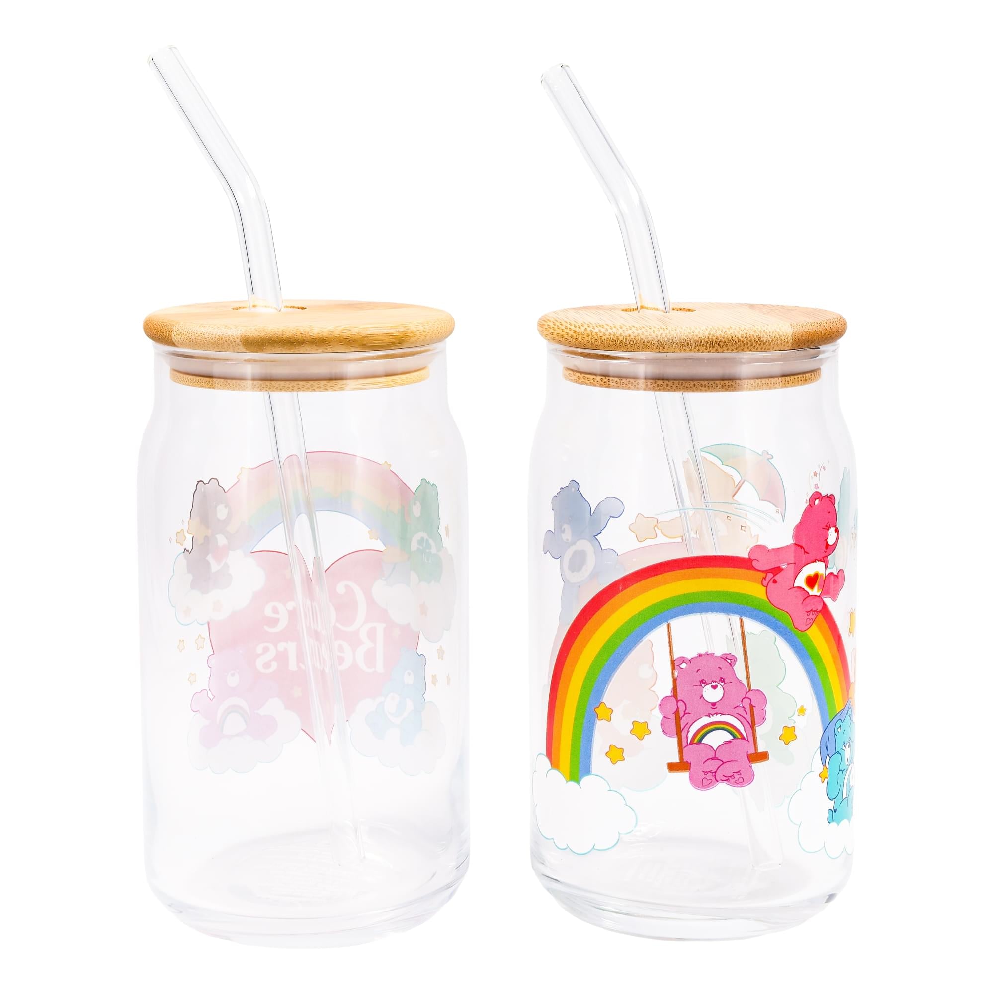 Care Bears Classic 16-Ounce Glass Tumblers With Bamboo Lid and Straw | Set of 2
