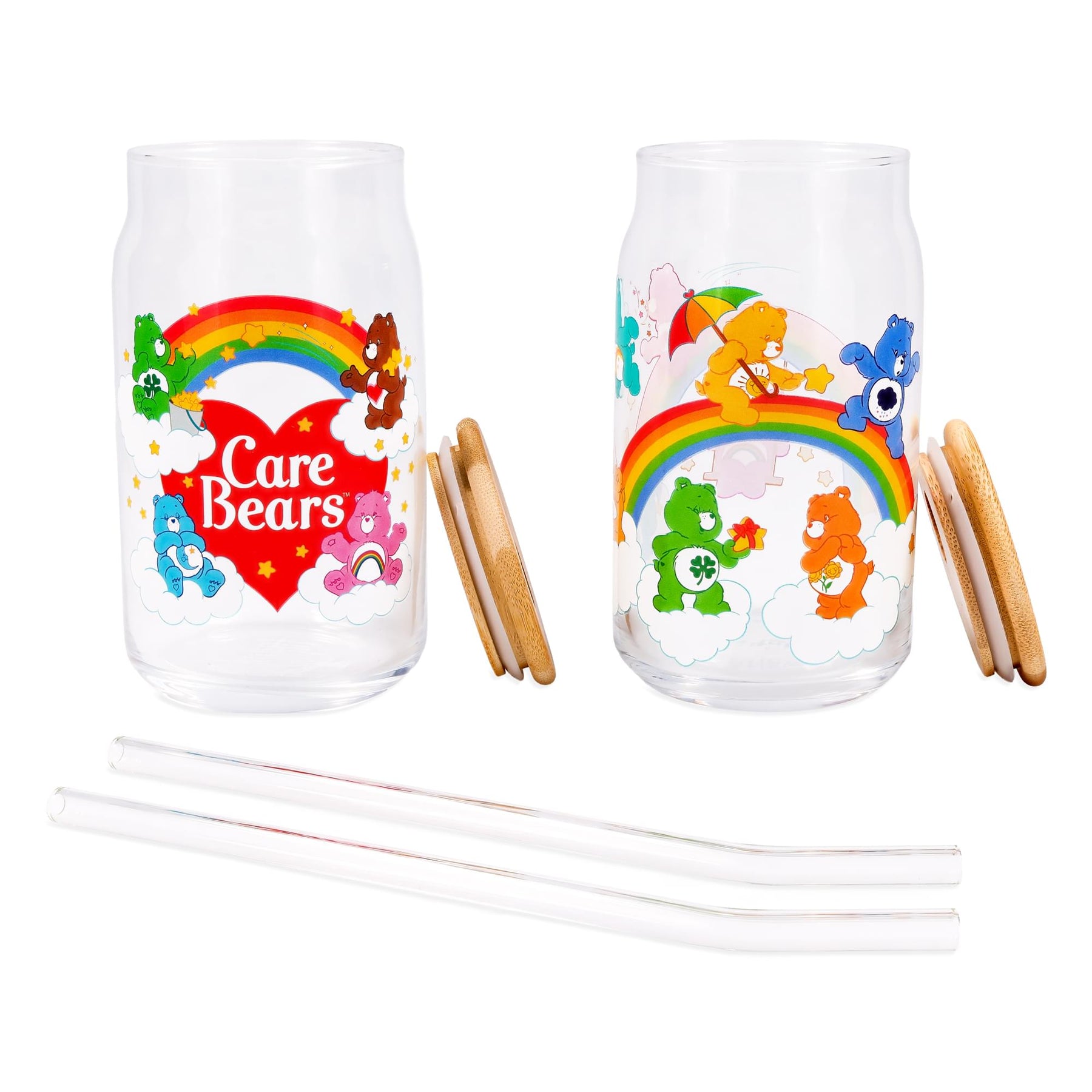 Care Bears Classic 16-Ounce Glass Tumblers With Bamboo Lid and Straw | Set of 2