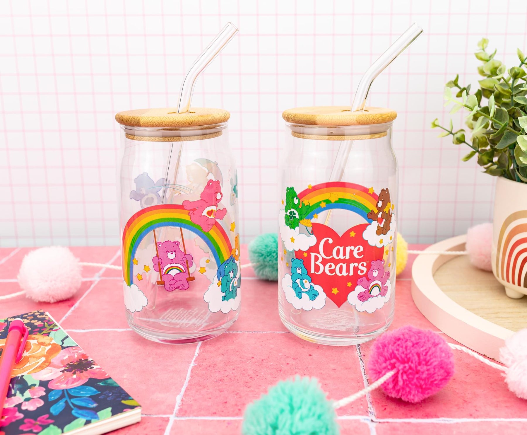 Care Bears Classic 16-Ounce Glass Tumblers With Bamboo Lid and Straw | Set of 2