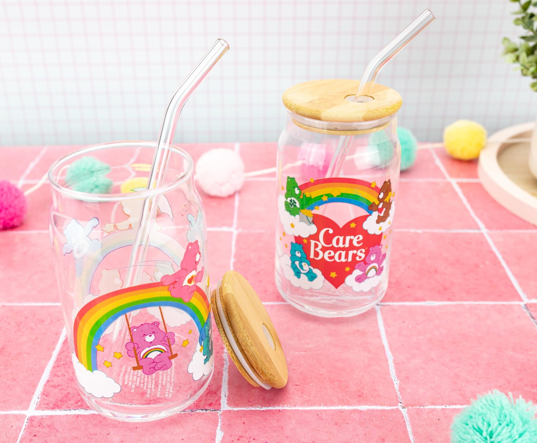 Care Bears Classic 16-Ounce Glass Tumblers With Bamboo Lid and Straw | Set of 2