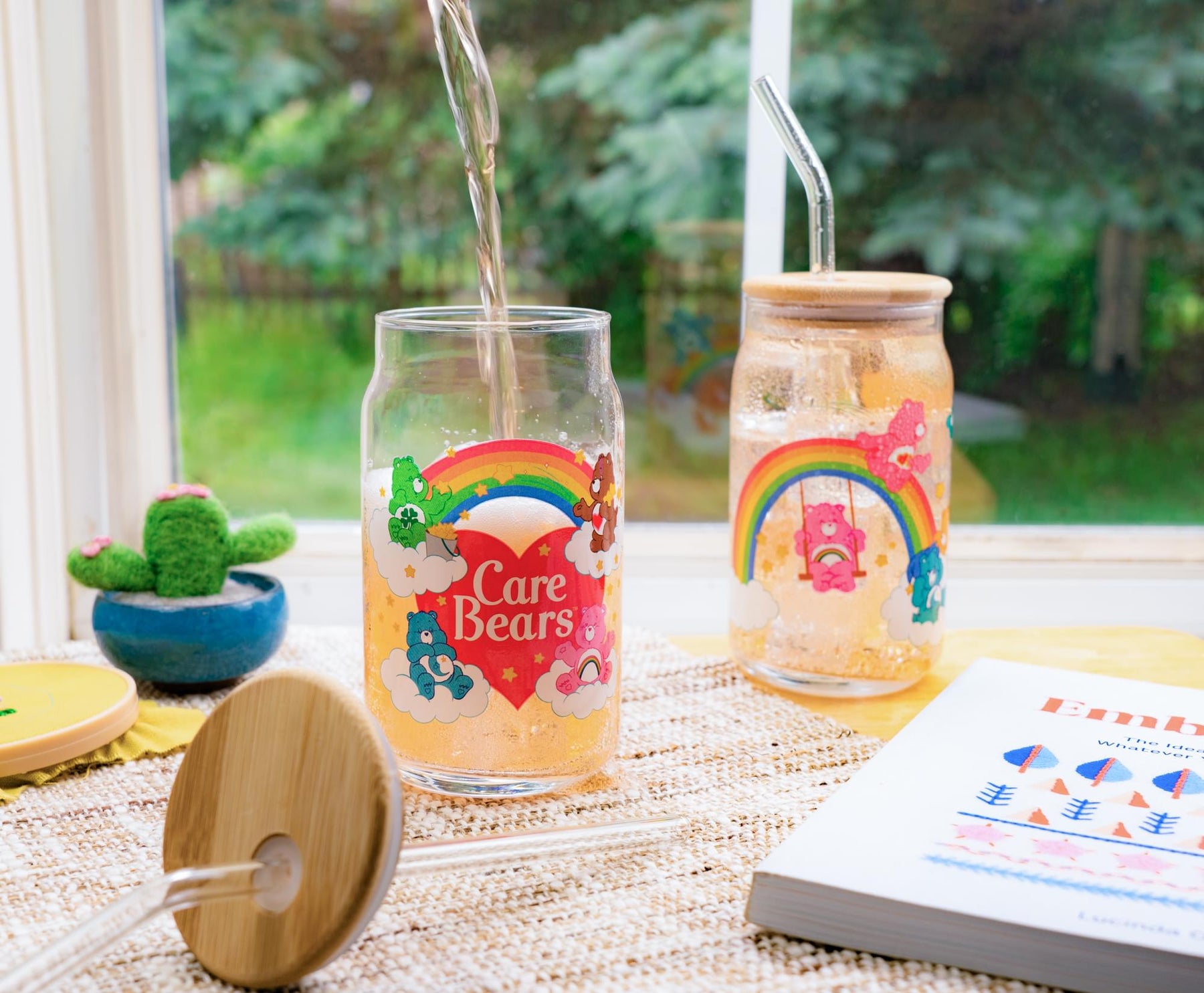 Care Bears Classic 16-Ounce Glass Tumblers With Bamboo Lid and Straw | Set of 2
