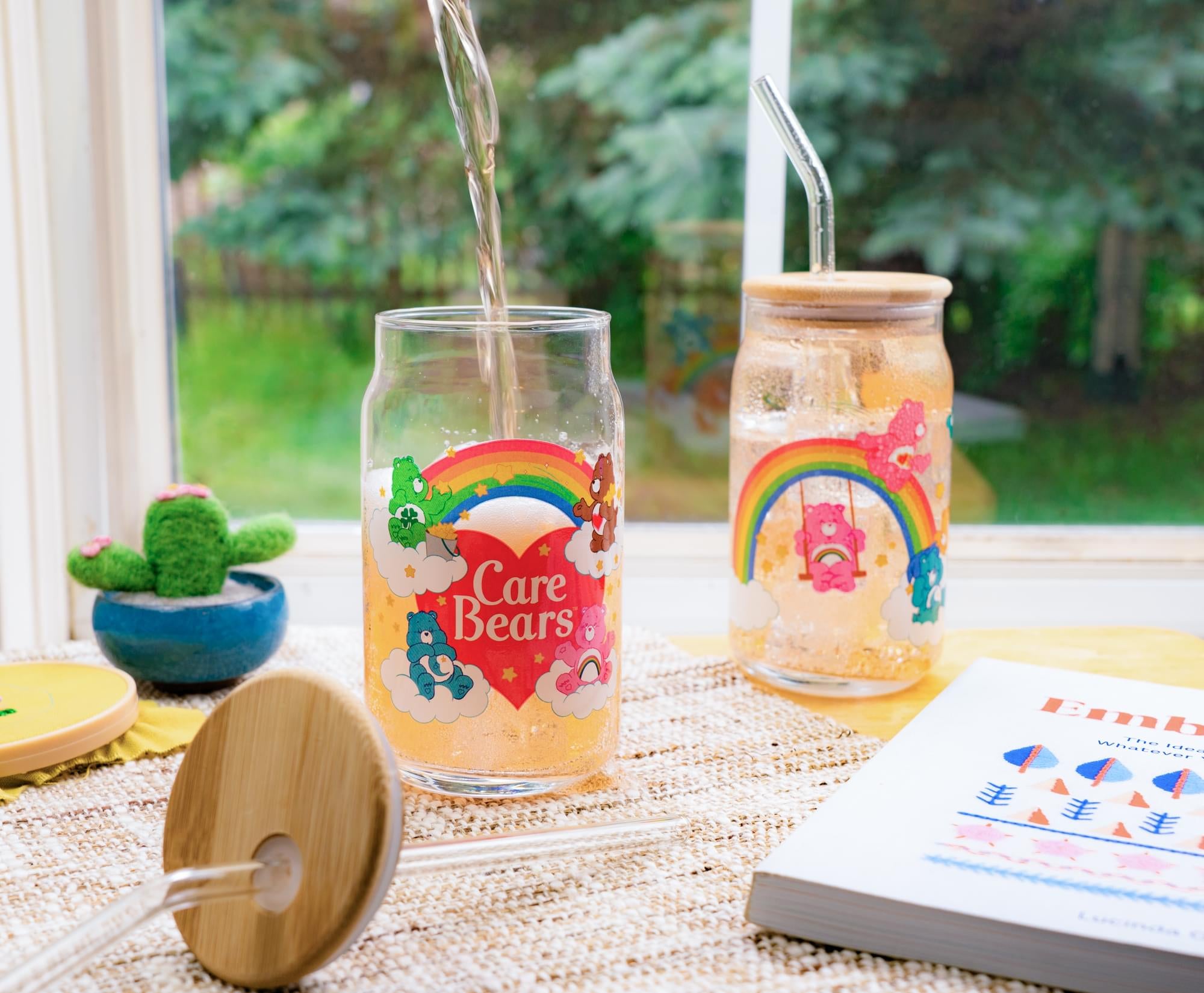 Care Bears Classic 16-Ounce Glass Tumblers With Bamboo Lid and Straw | Set of 2
