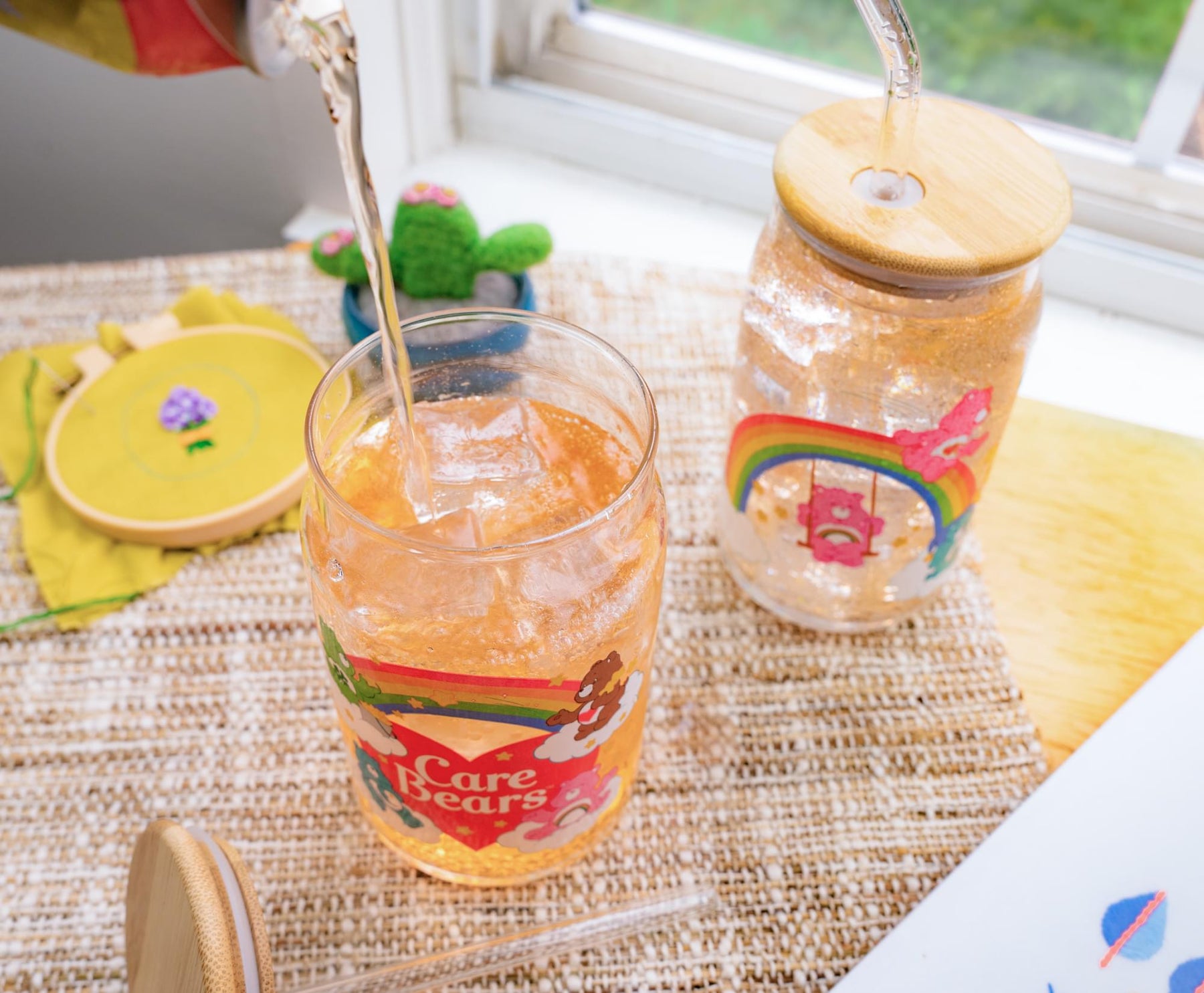 Care Bears Classic 16-Ounce Glass Tumblers With Bamboo Lid and Straw | Set of 2