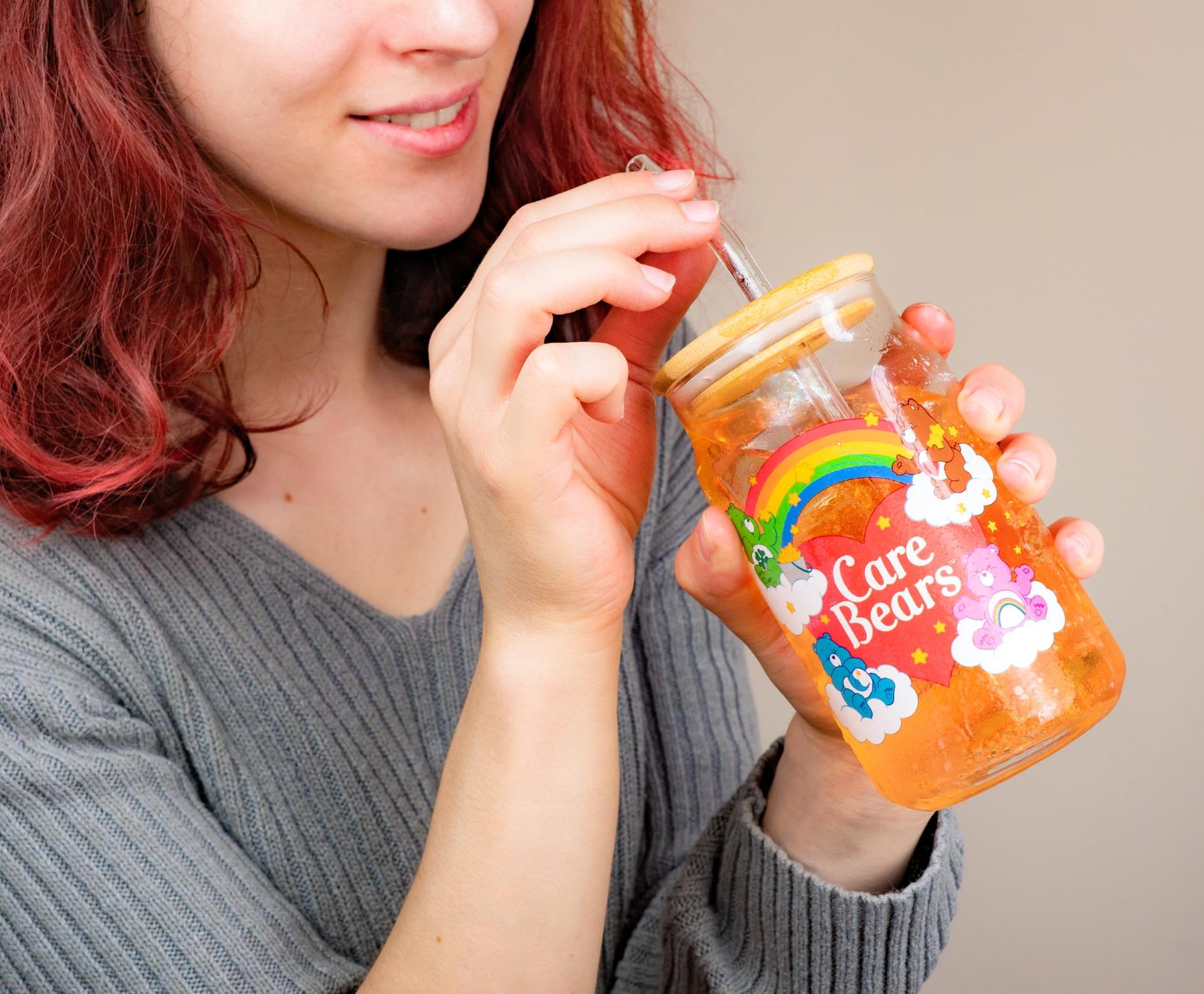 Care Bears Classic 16-Ounce Glass Tumblers With Bamboo Lid and Straw | Set of 2