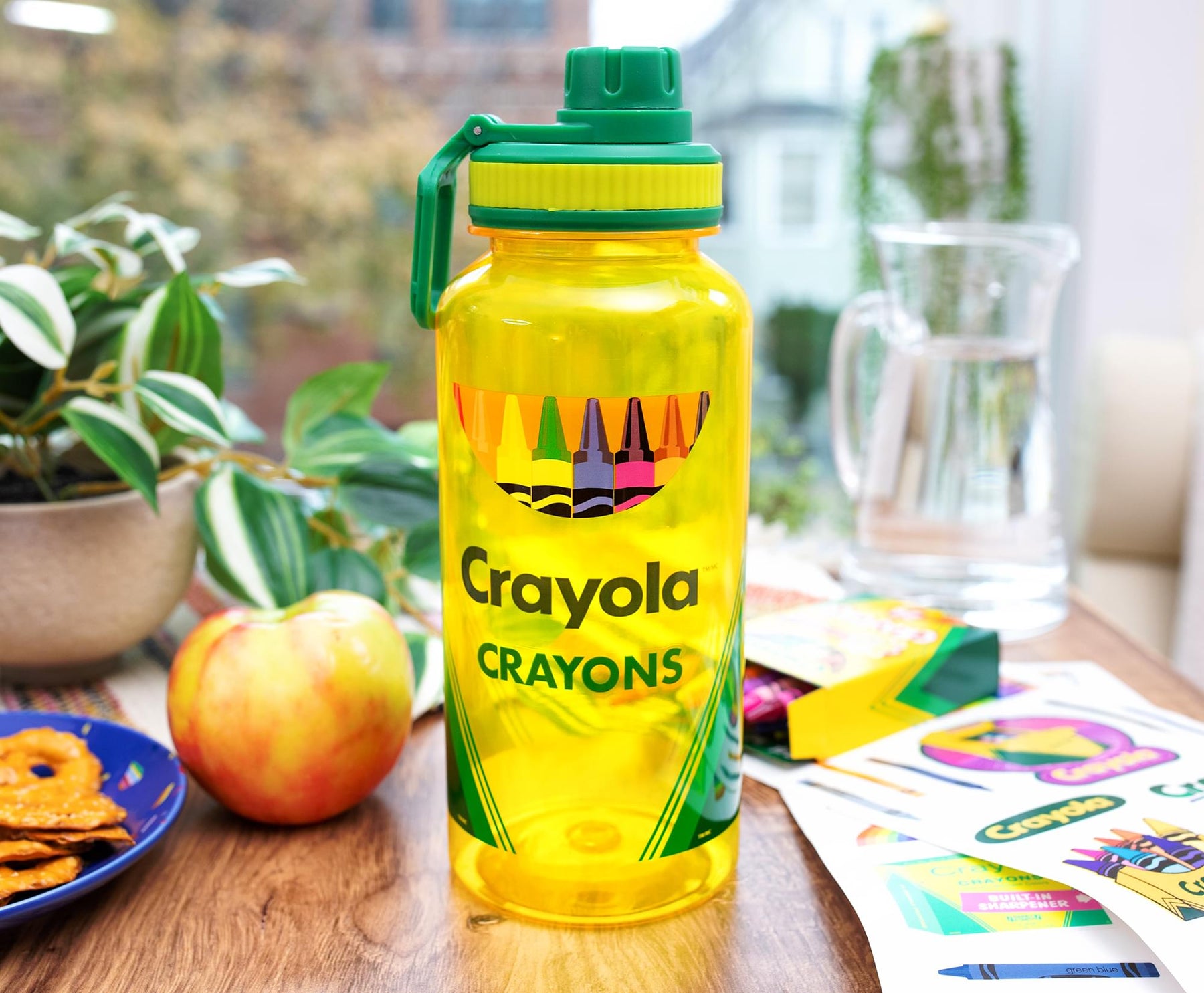 Crayola Crayon Box Retro Twist Spout Water Bottle and Sticker Set | 32 Ounces