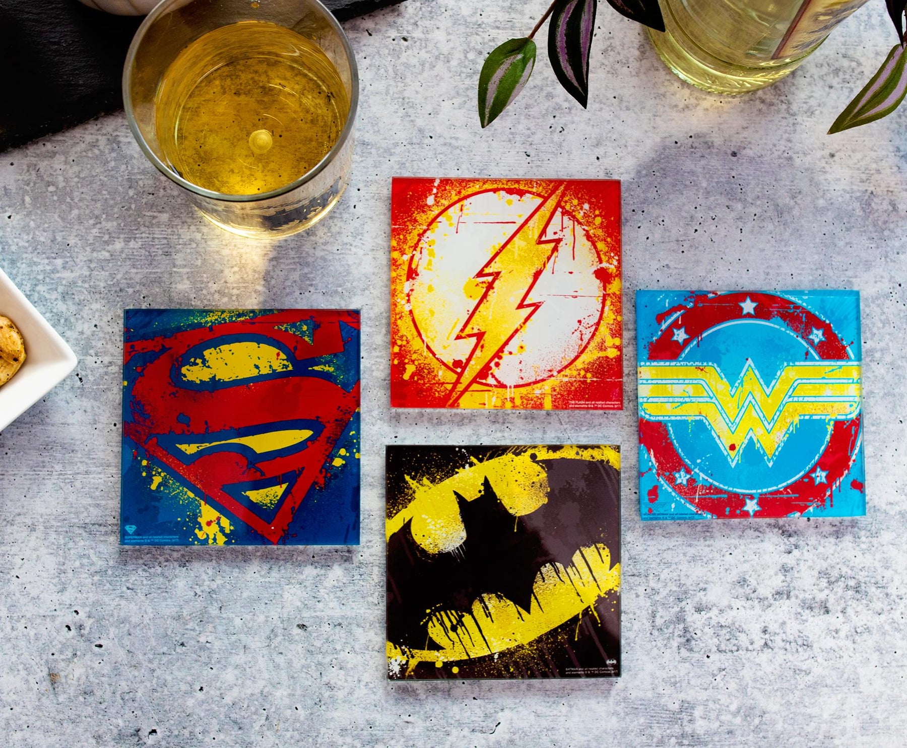 DC Comics Graffiti Superhero Logos Glass Coasters | Set of 4