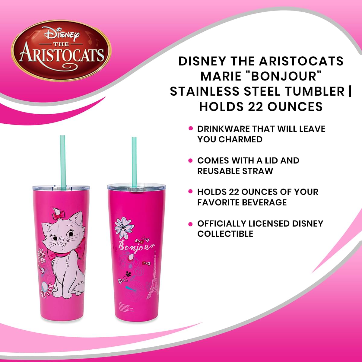 Disney The Aristocats Marie "Bonjour" Stainless Steel Tumbler | Holds 22 Ounces