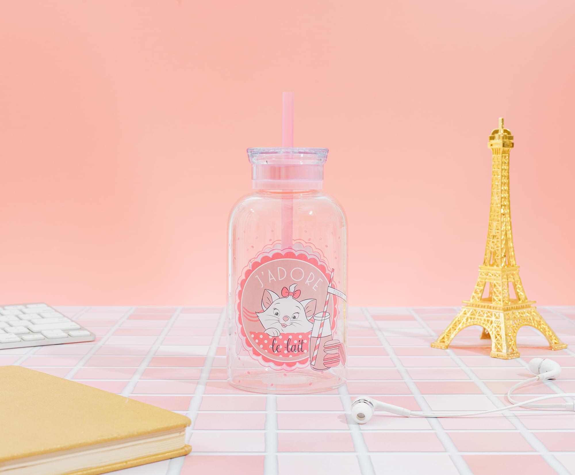 Disney The Aristocats Marie "J'adore Le Lait" Glass Milk Bottle With Straw