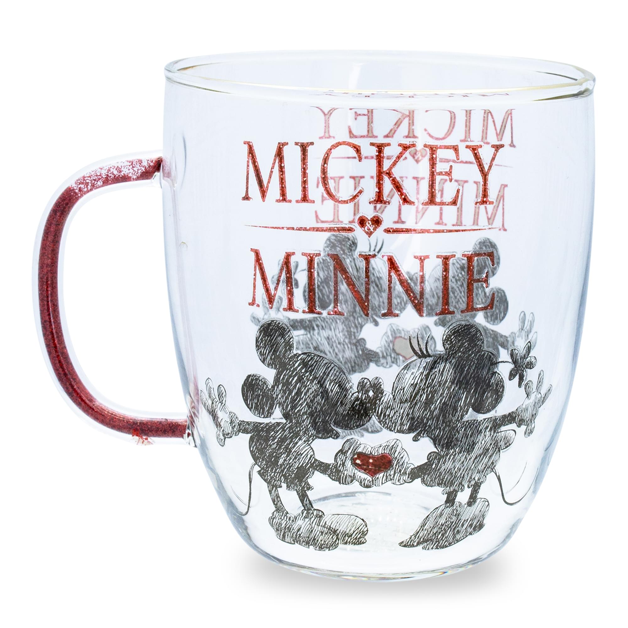 Disney Minnie And Mickey Mouse Glass Mug With Glitter Handle | Holds 14 Ounces