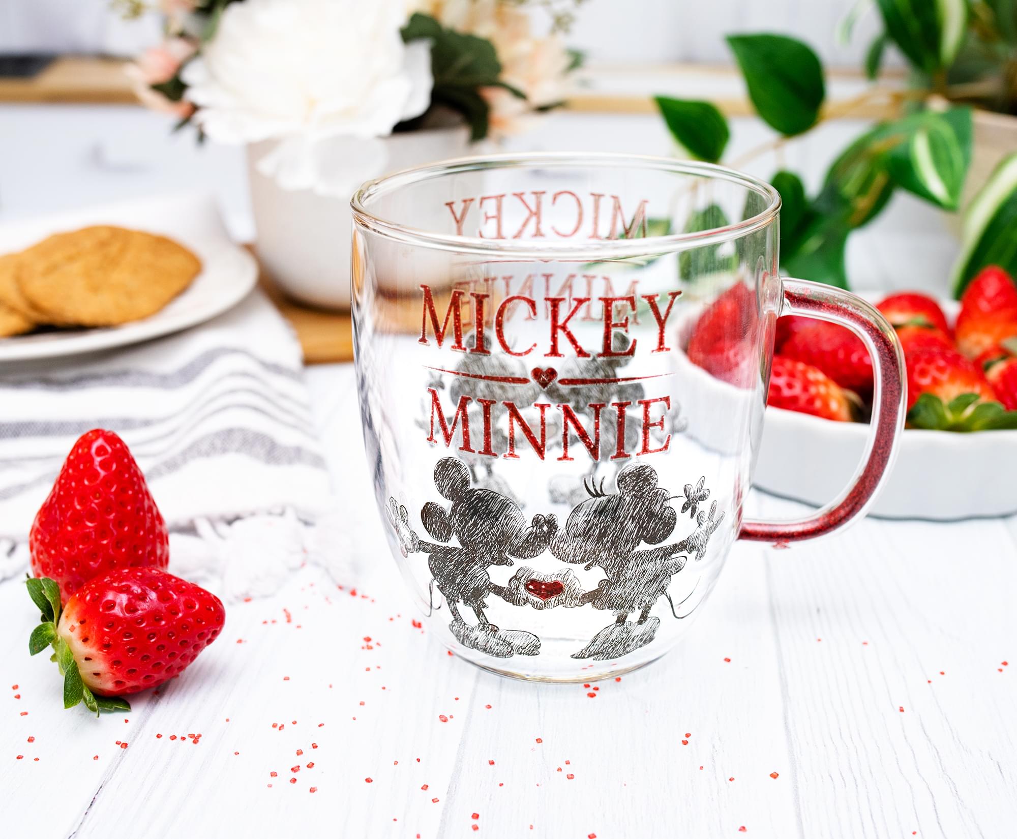 Disney Minnie And Mickey Mouse Glass Mug With Glitter Handle | Holds 14 Ounces