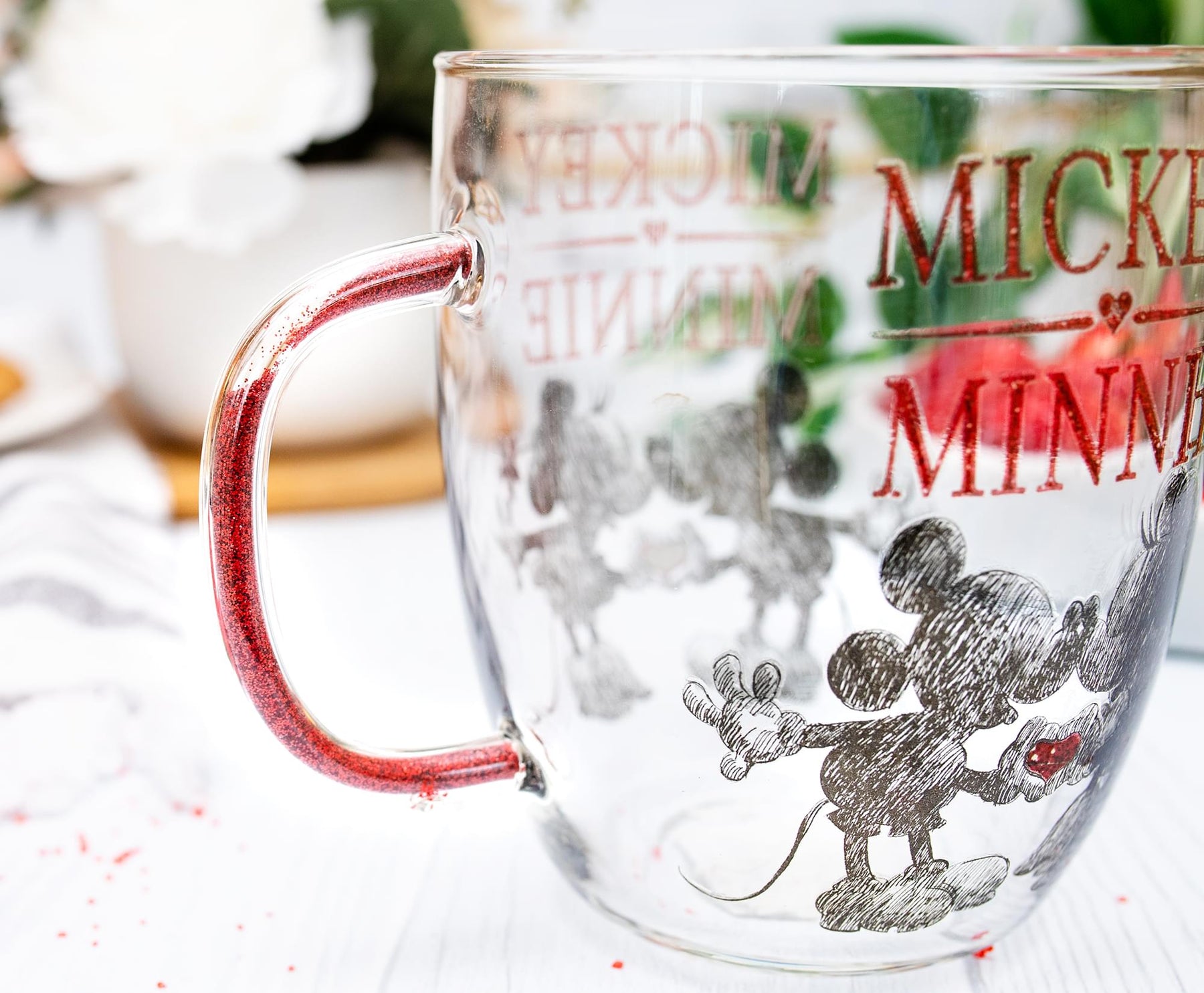Disney Minnie And Mickey Mouse Glass Mug With Glitter Handle | Holds 14 Ounces