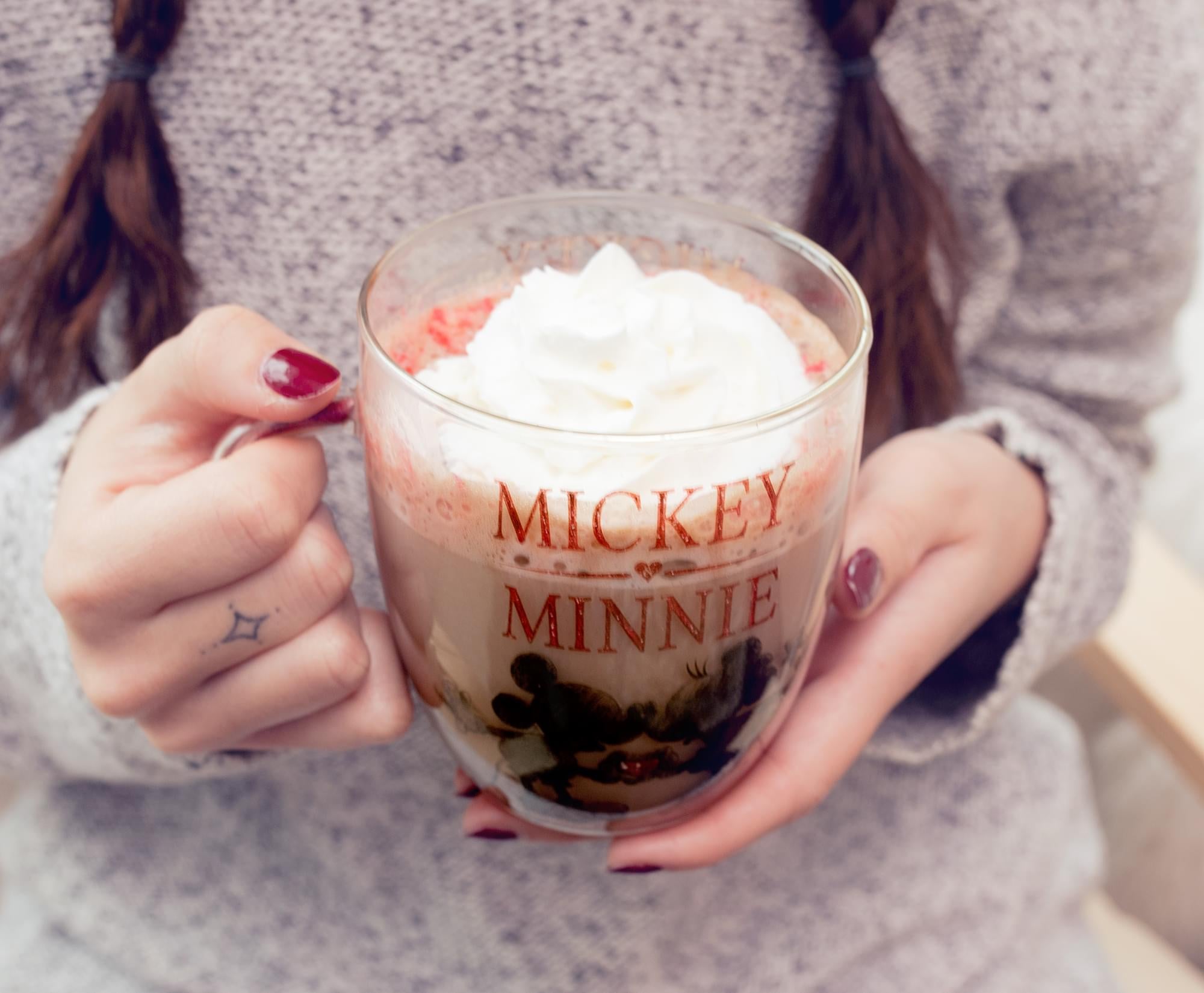 Disney Minnie And Mickey Mouse Glass Mug With Glitter Handle | Holds 14 Ounces