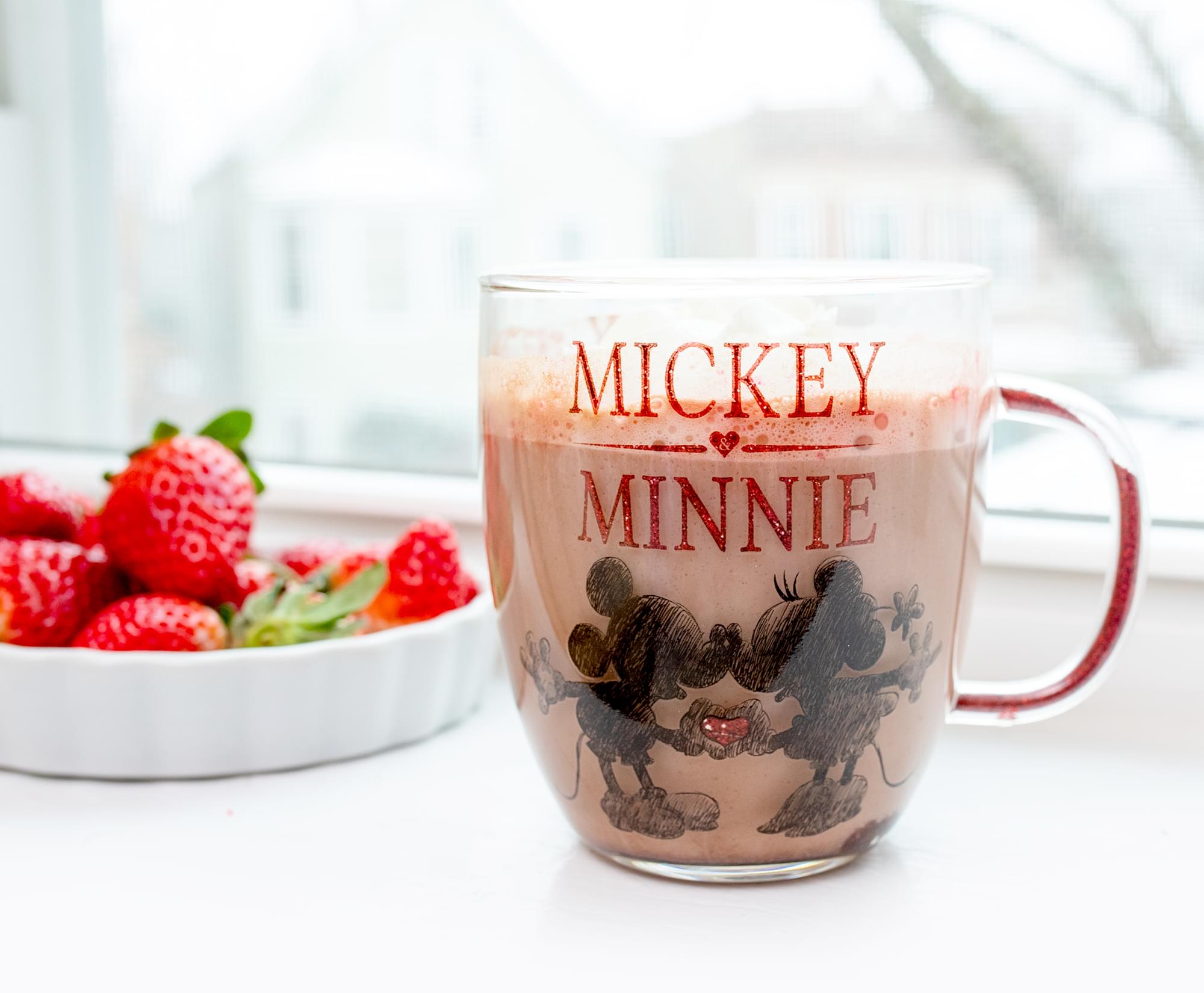 Disney Minnie And Mickey Mouse Glass Mug With Glitter Handle | Holds 14 Ounces