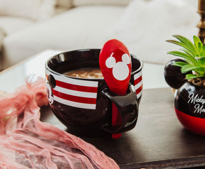 Disney Mickey Mouse Red-Striped Ceramic Soup Mug With Spoon | Holds 24 Ounces