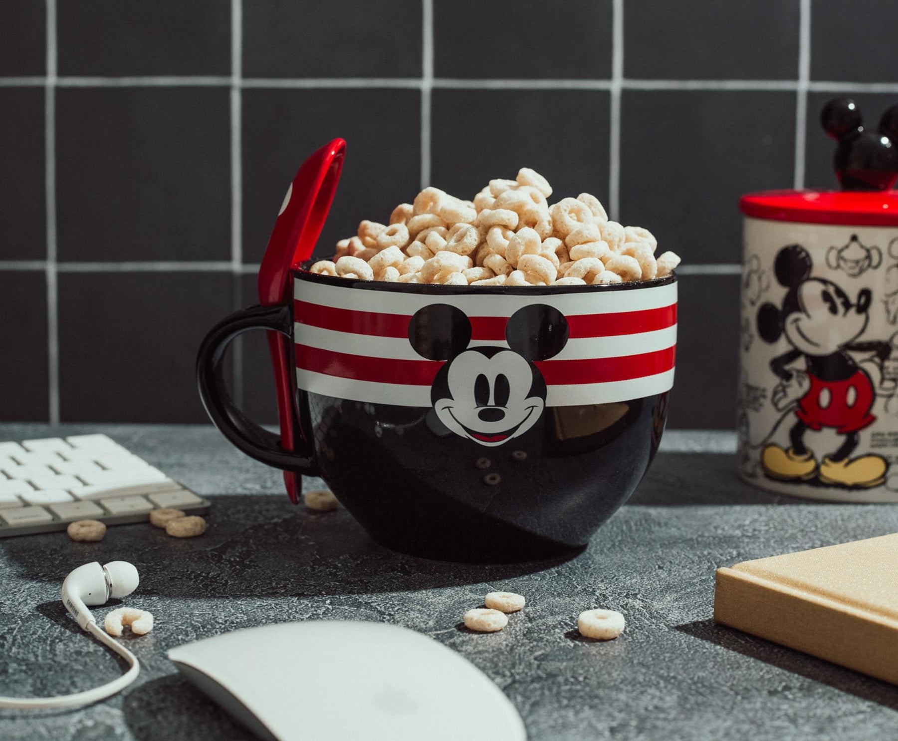 Disney Mickey Mouse Red-Striped Ceramic Soup Mug With Spoon | Holds 24 Ounces