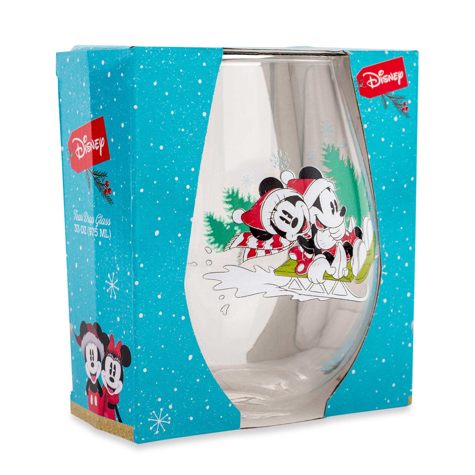 Disney Mickey and Minnie Christmas Sled Stemless Wine Glass | Holds 34 Ounces
