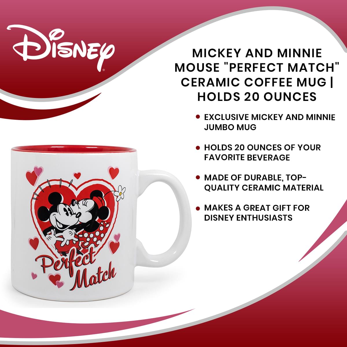 Mickey and Minnie Mouse "Perfect Match" Ceramic Coffee Mug | Holds 20 Ounces