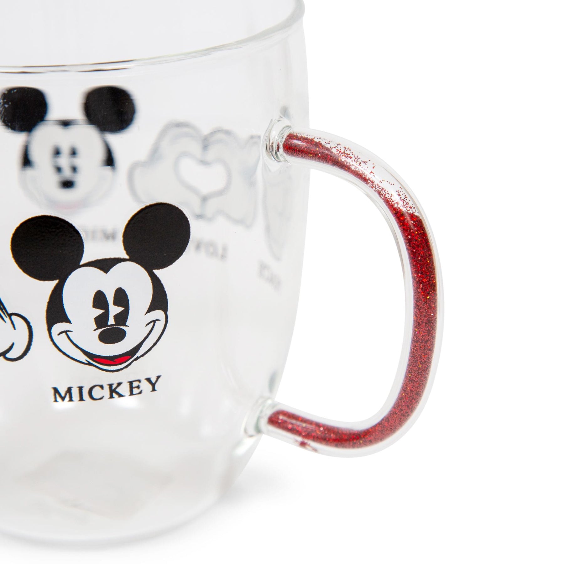 Disney "Peace Love" Mickey Mouse Glitter Handle Glass Mug | Holds 14 Ounces