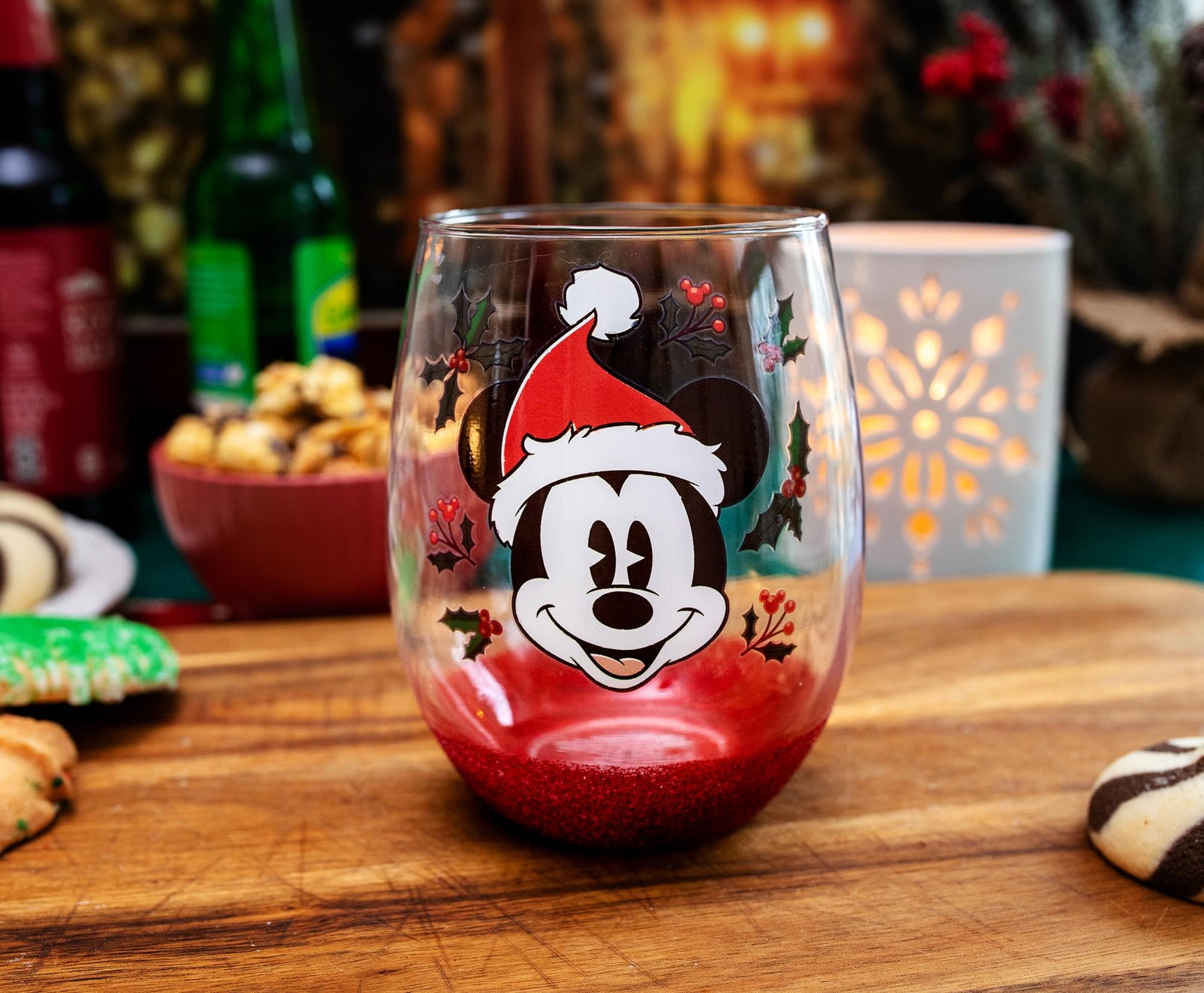 Disney Mickey Mouse Santa Hat Teardrop Stemless Wine Glass | Holds 20 Ounces