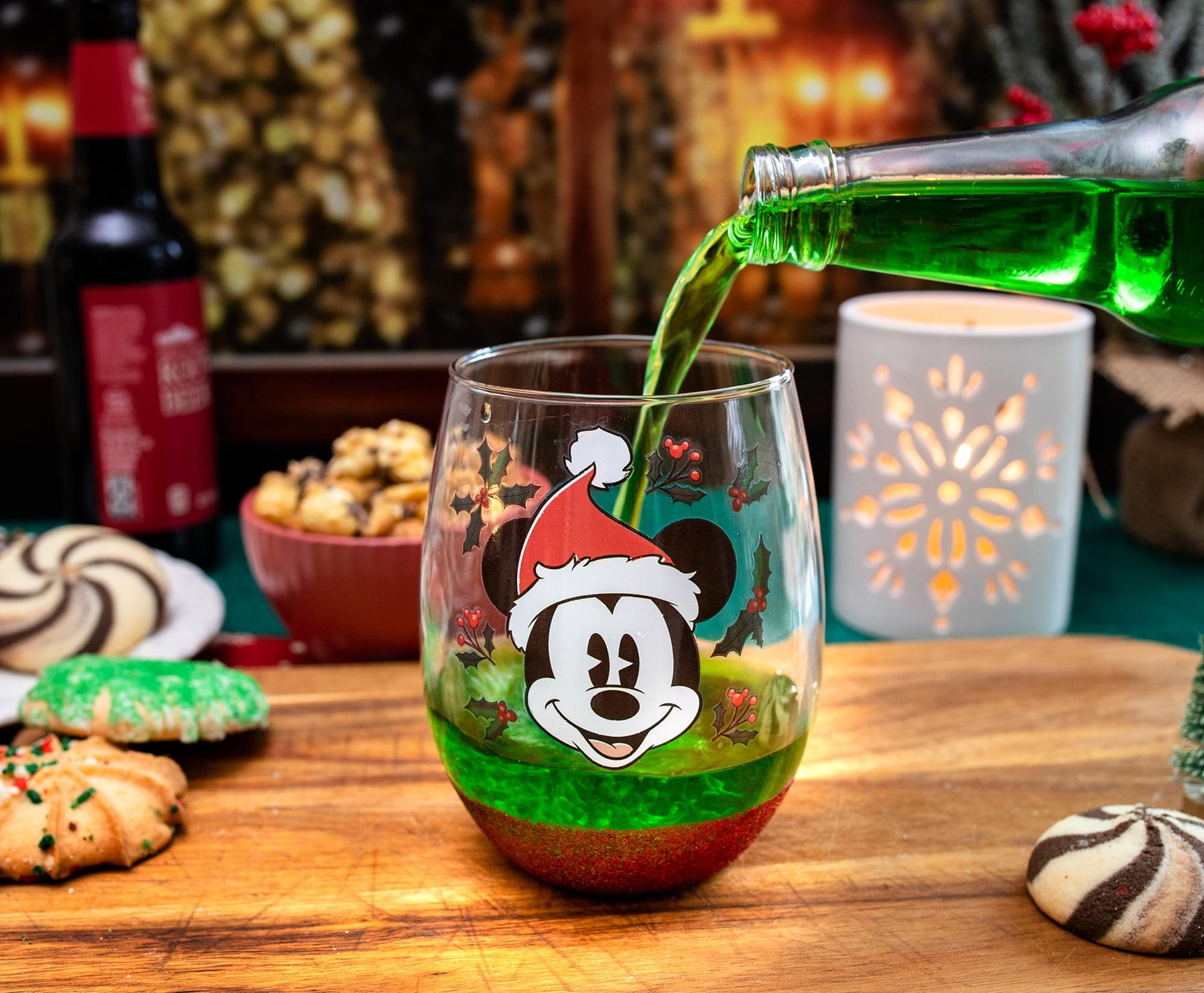 Disney Mickey Mouse Santa Hat Teardrop Stemless Wine Glass | Holds 20 Ounces