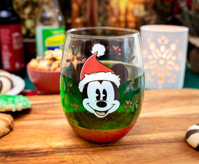 Disney Mickey Mouse Santa Hat Teardrop Stemless Wine Glass | Holds 20 Ounces