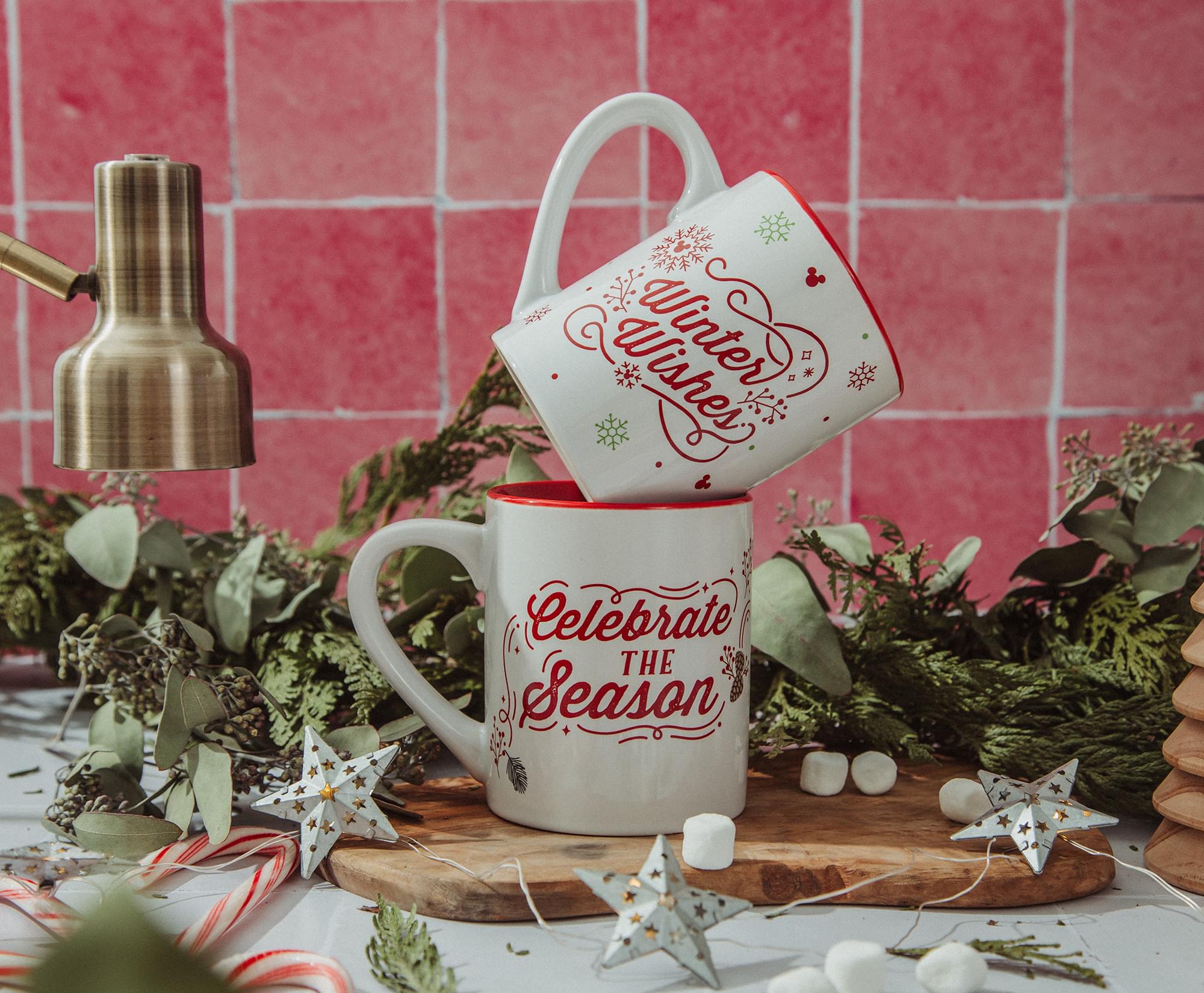 Disney Mickey and Minnie Mouse "Celebrate The Season" Ceramic Mugs | Set of 2