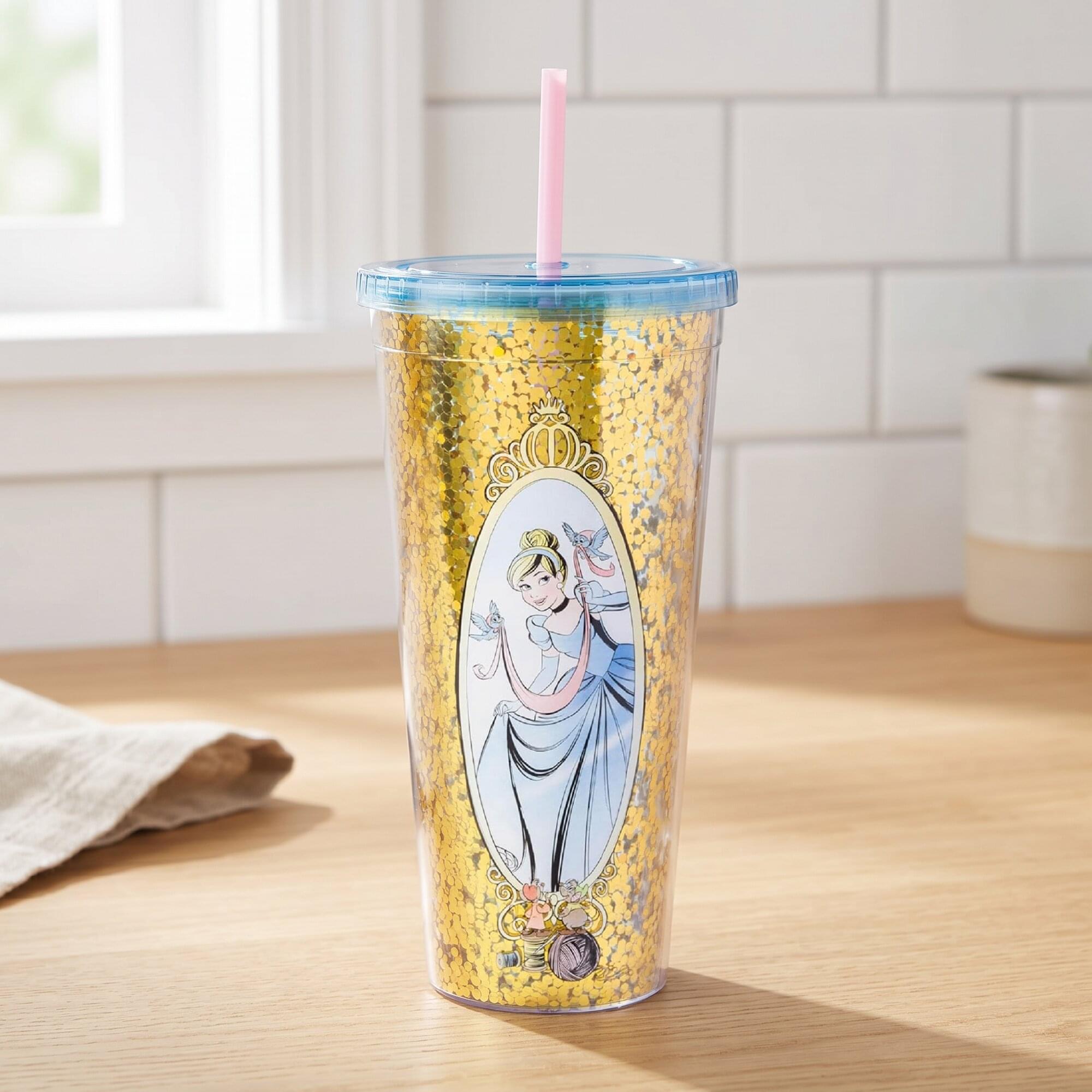 Disney Cinderella Mirror 32-Ounce Glitter Carnival Cup With Lid and Straw