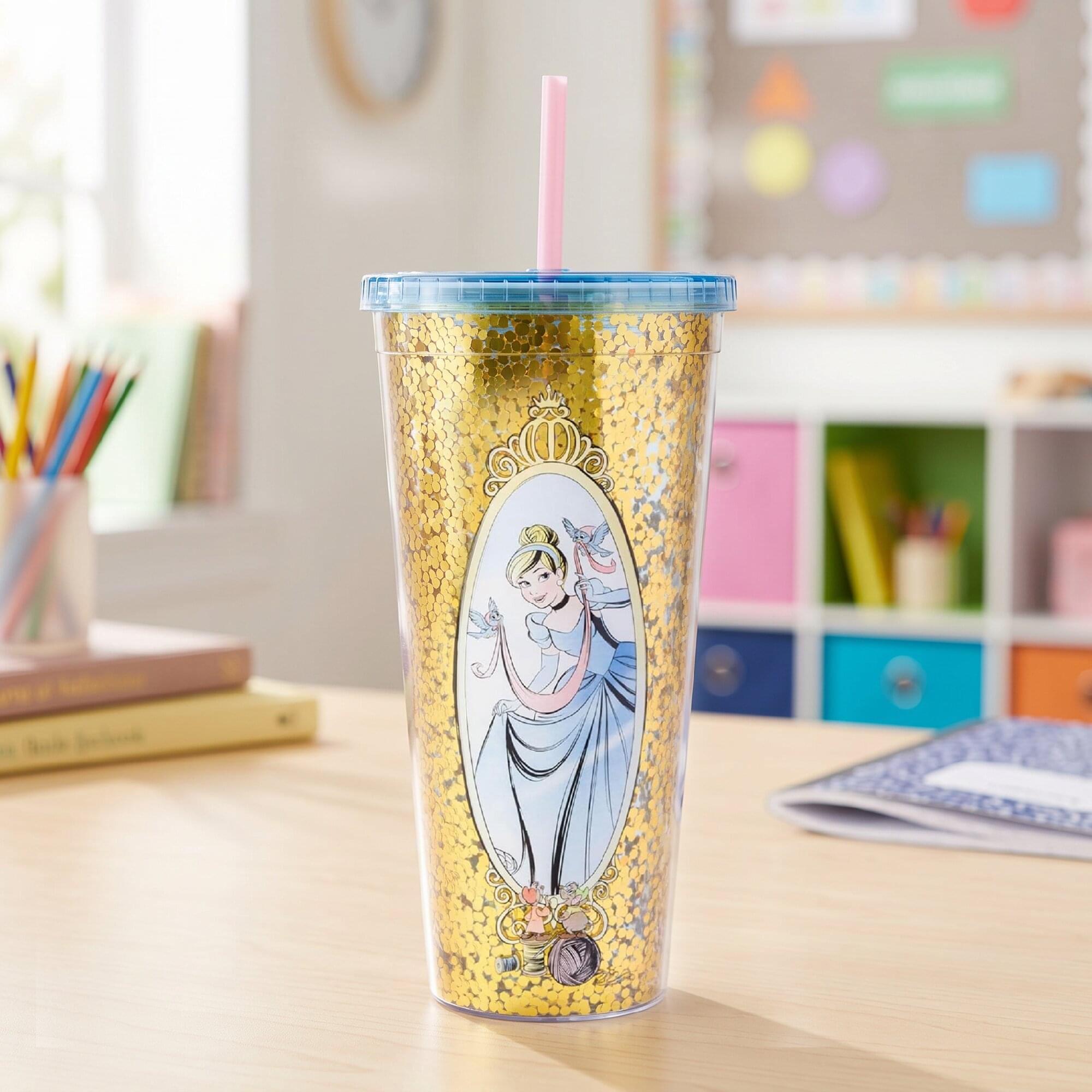 Disney Cinderella Mirror 32-Ounce Glitter Carnival Cup With Lid and Straw