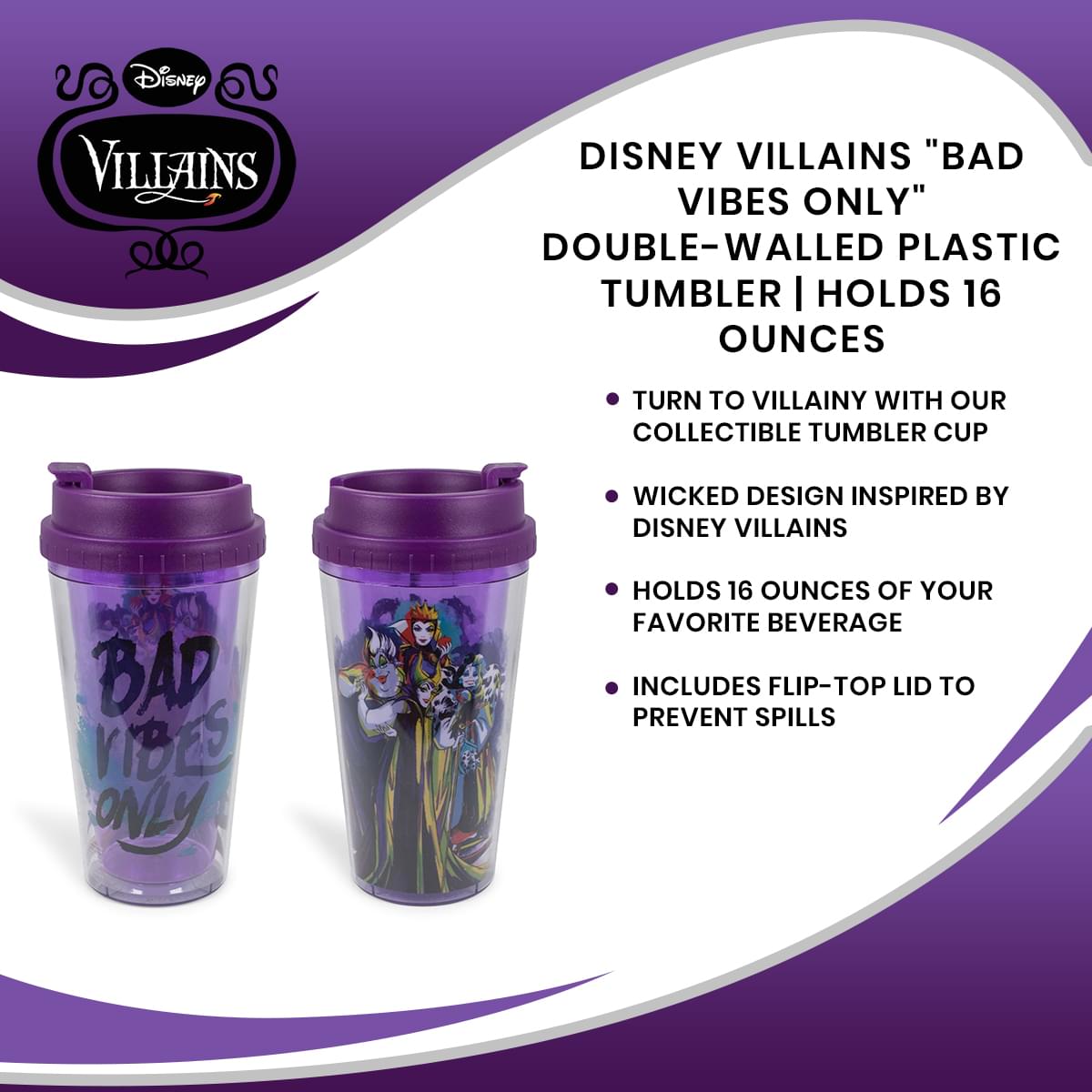 Disney Villains "Bad Vibes Only" Double-Walled Plastic Tumbler | Holds 16 Ounces