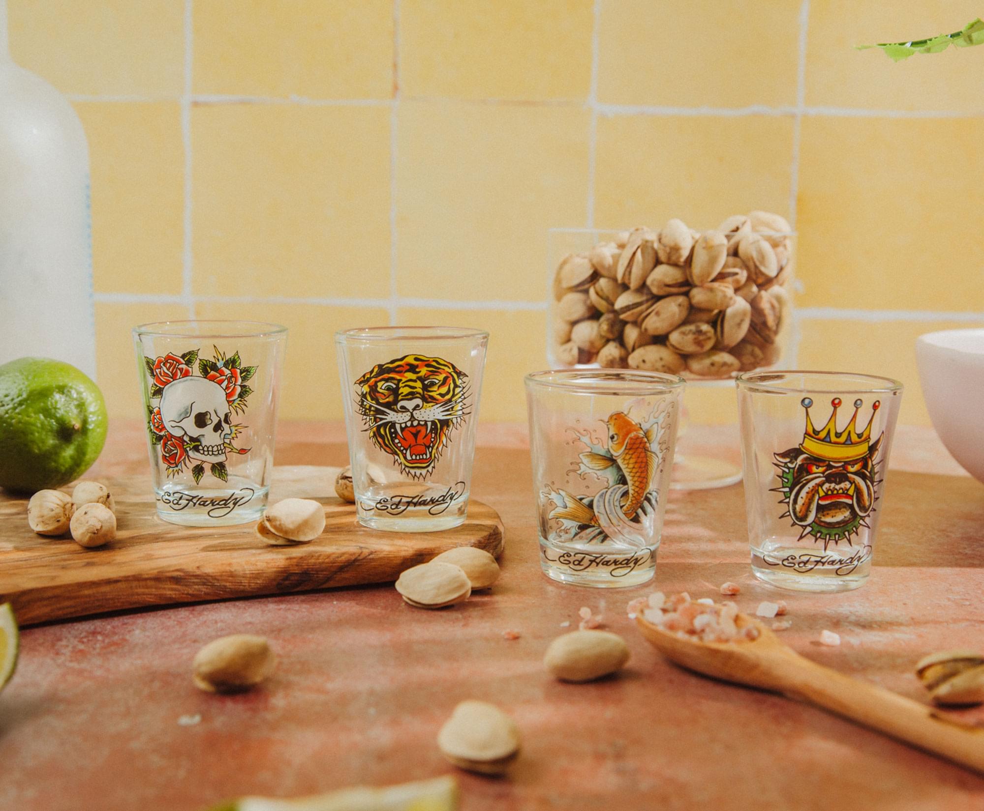 Ed Hardy Tattoo Classic 2-Ounce Mini Shot Glasses | Set of 4