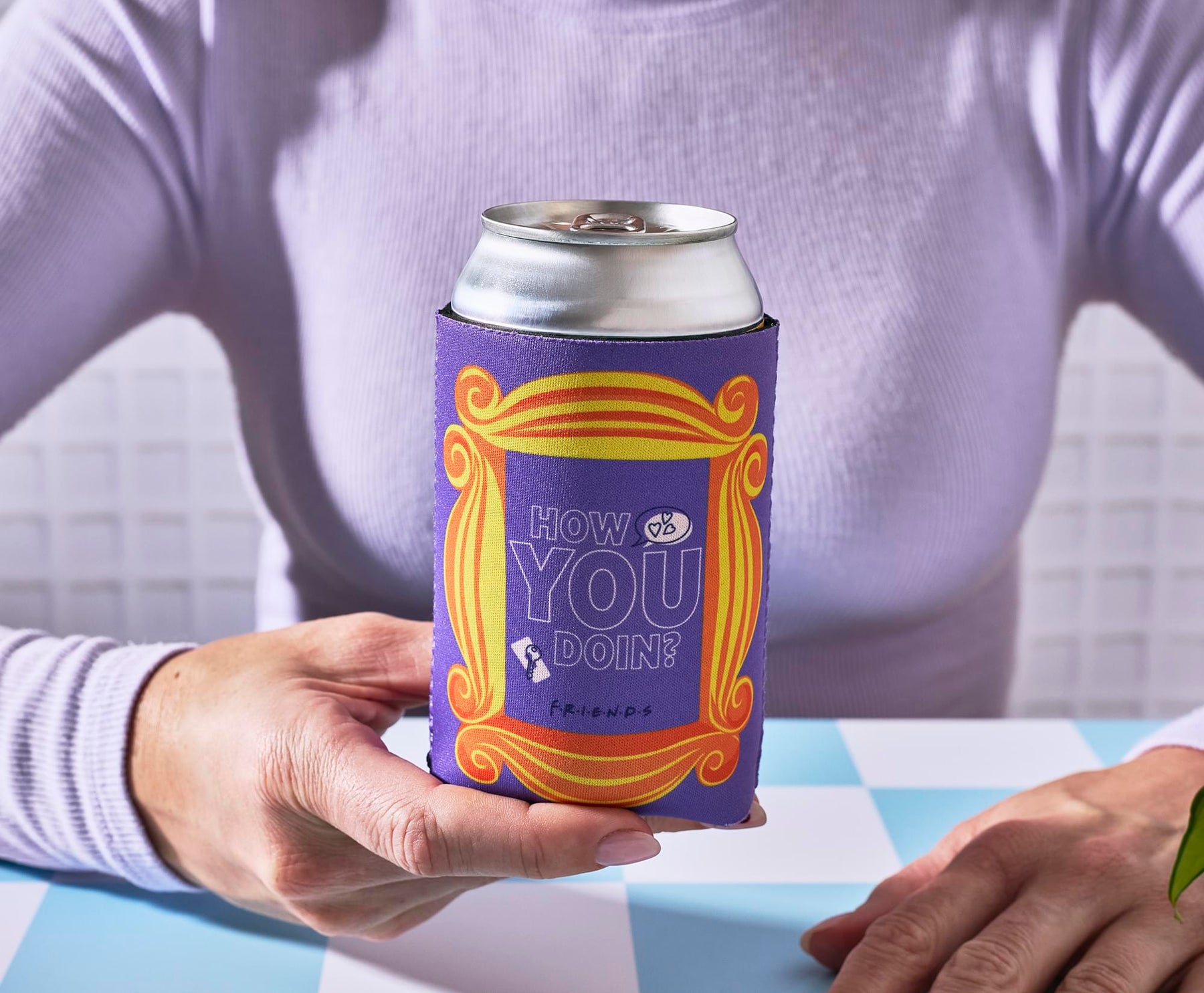 Friends "How You Doin" Peephole Frame Foam Can Hugger | Fits Most 12-Ounce Cans