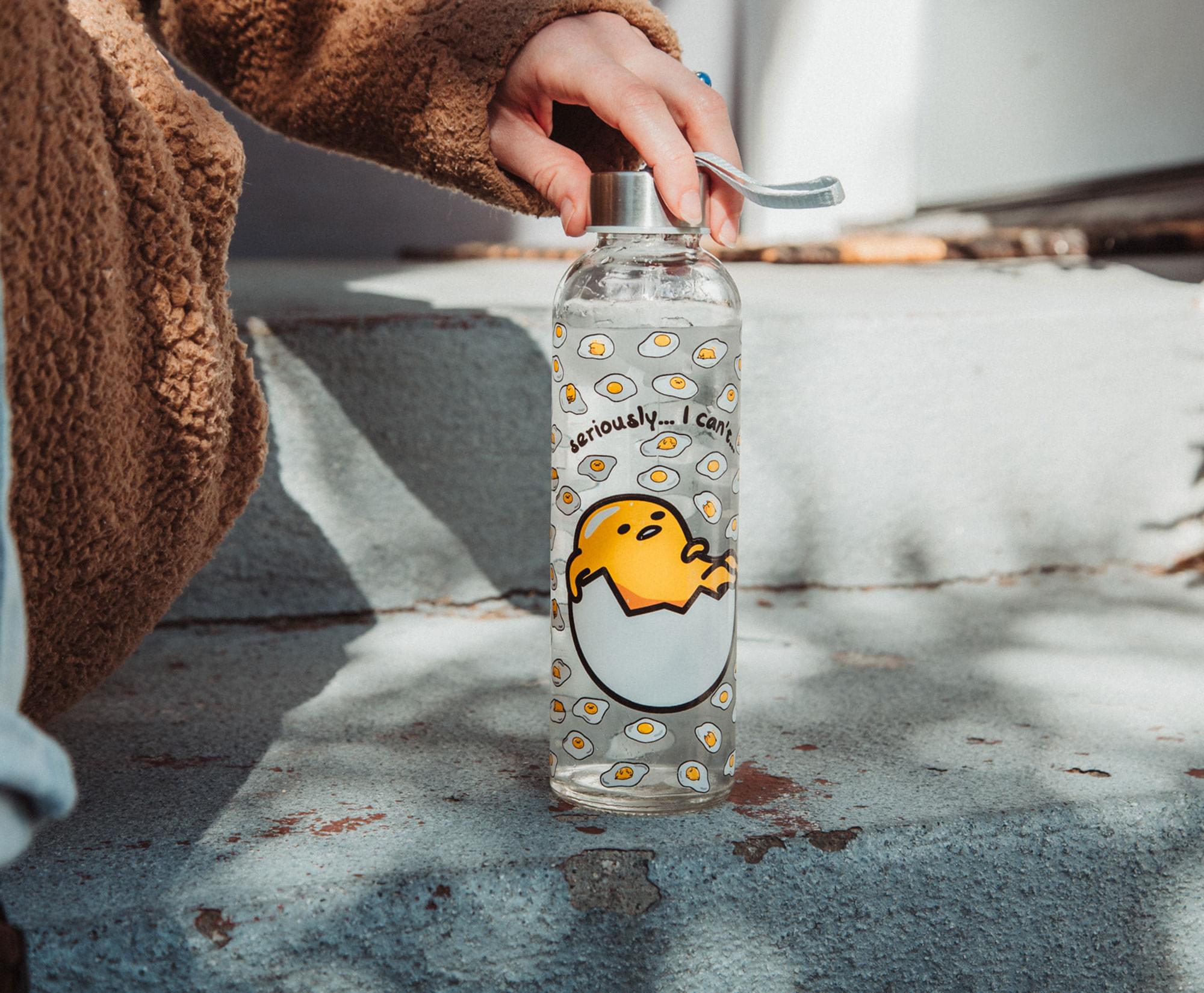 Sanrio Gudetama "Seriously, I Can't" Glass Water Bottle With Strap | 18 Ounces