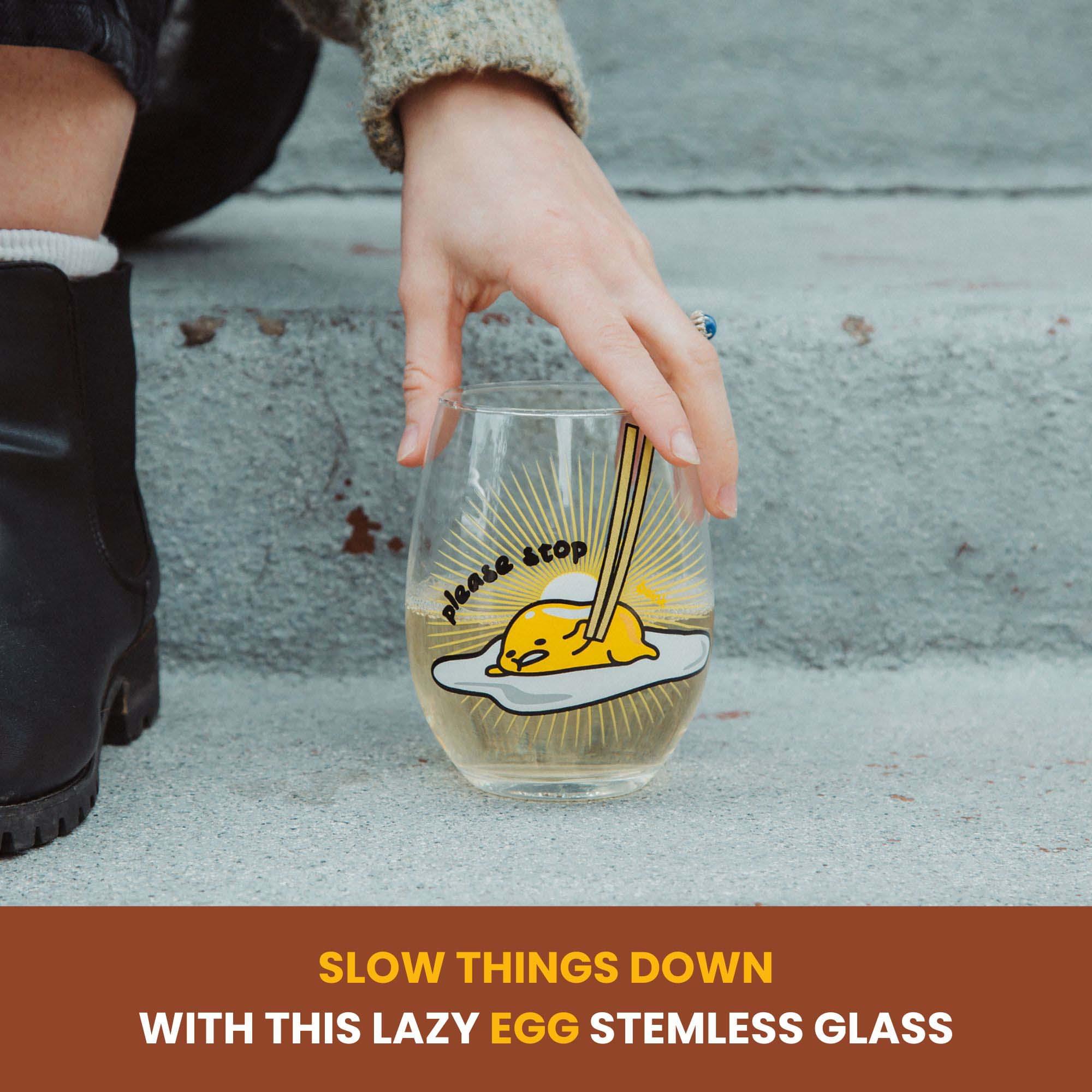 Sanrio Gudetama "Please Stop" Teardrop Stemless Wine Glass | Holds 20 Ounces